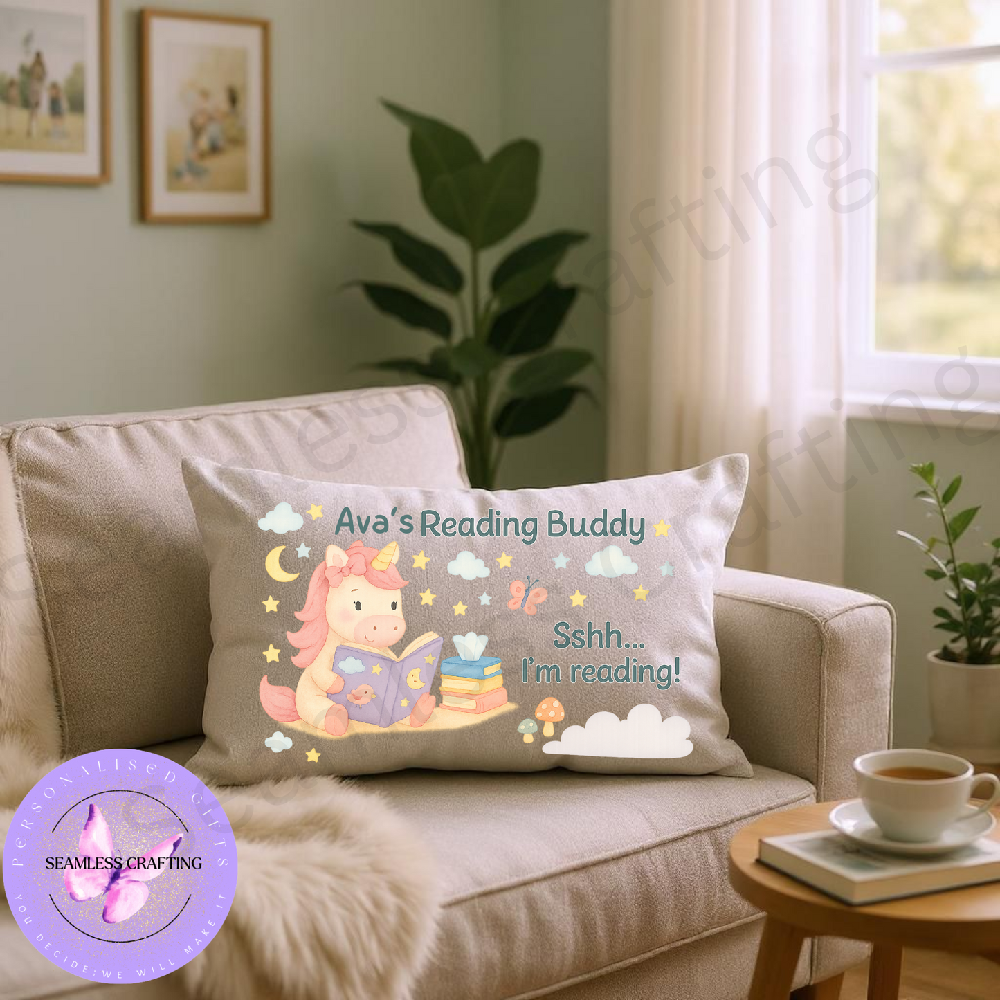 Personalized Reading Buddy Cushion | Custom Kids Pillow with Name | Dinosaur & Unicorn Design | 20x40 cm Canvas Storytime Gift