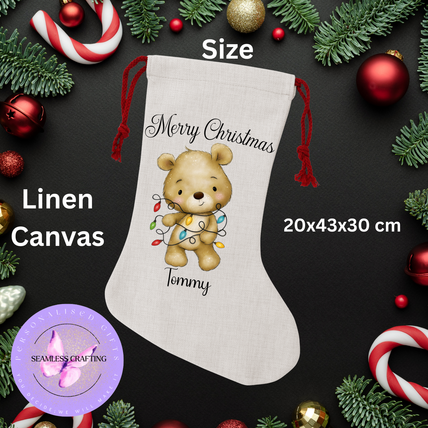 Personalised Christmas Stocking – Cute Teddy Bear Tangled with Christmas Lights – Custom Name Linen Canvas – Holiday Gift for Kids & Family