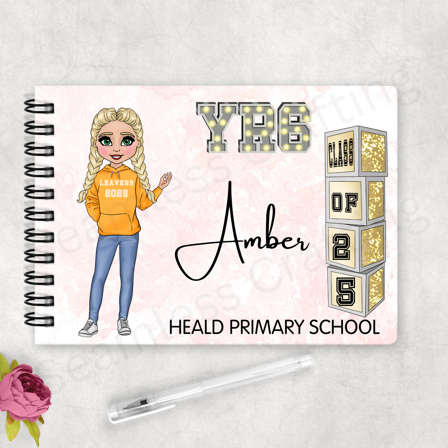 Personalised School Leavers Book – Front Character View | Custom Name, Year & School Memory Autograph Book for Year 11 or Year 6