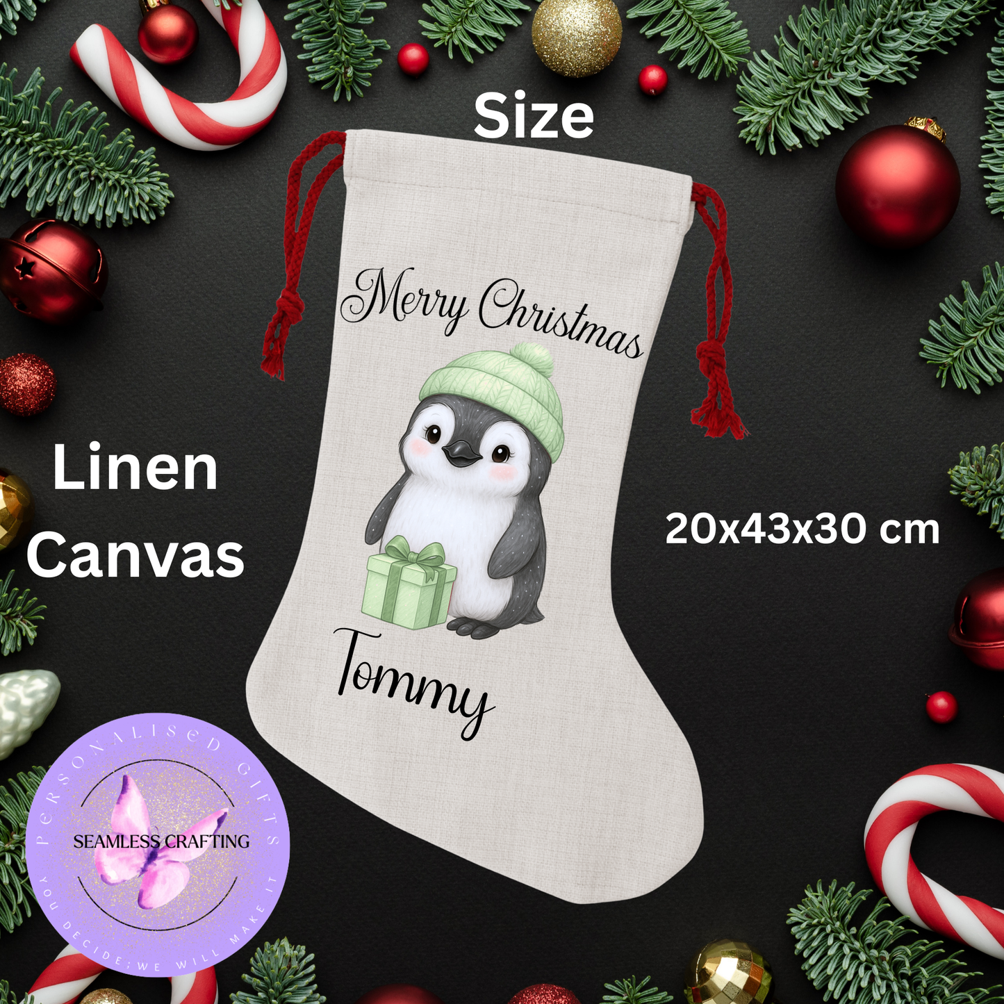 Personalised Christmas Stocking with Penguin Design – Custom Name Linen Canvas Sack – Green or Gold Penguin Xmas Gift Bag – Cute Holiday Fireplace Decoration