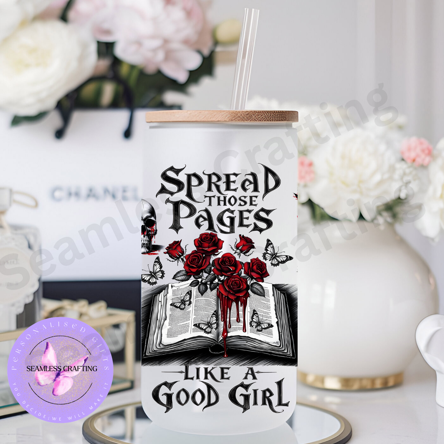 Spread Those Pages Like a Good Girl 16oz Frosted Glass Tumbler with Bamboo Lid & Glass Straw – Gothic Dark Academia Book Lover Gift