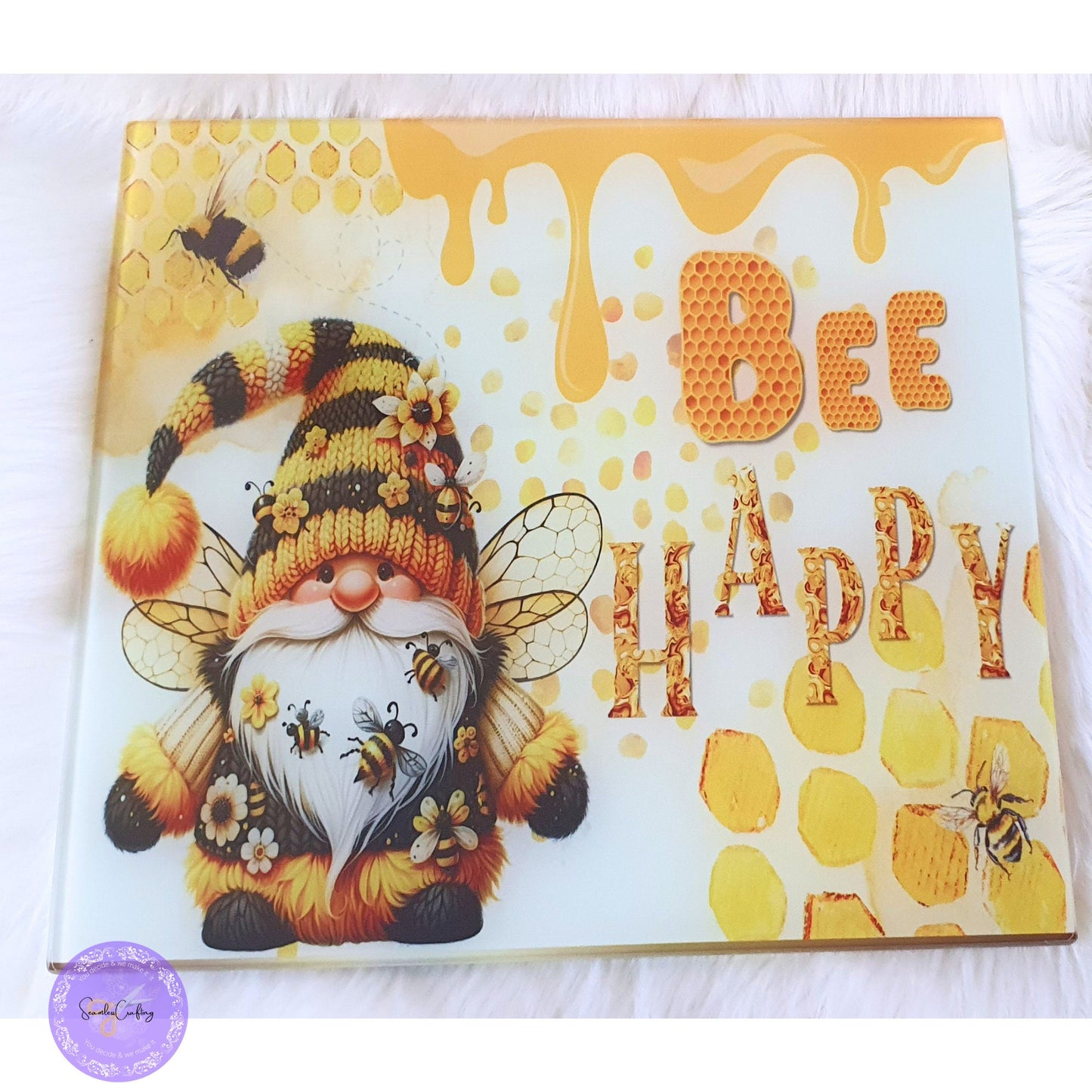 Personalised Glass Gnome chopping board, Cooking lover gift, Tampered Glass, Baker, Chef cooking Aid, Birthday Gift, Bee happy Motivational