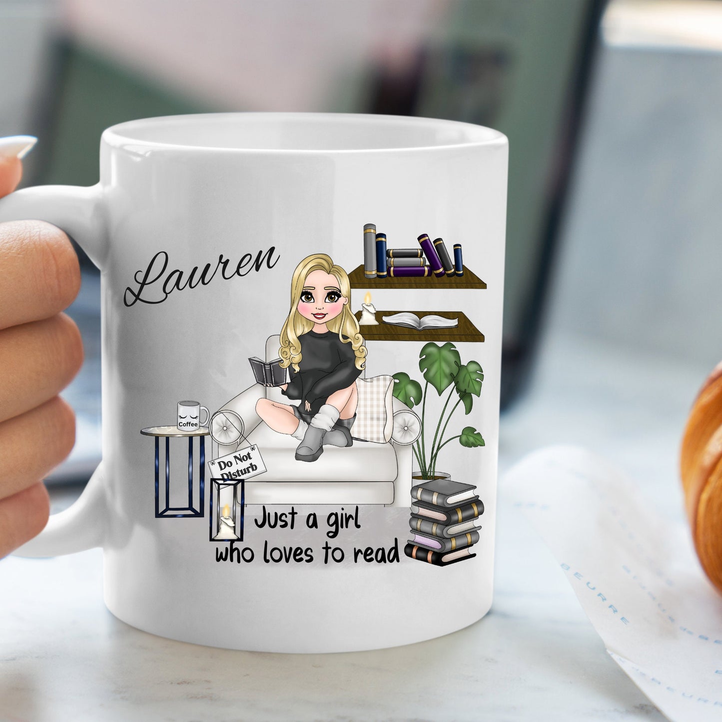 Personalised Caricature book lover mug, Just a girl who loves to read, Design your character cup, Reading teacup gift, Bookworm Cuppa