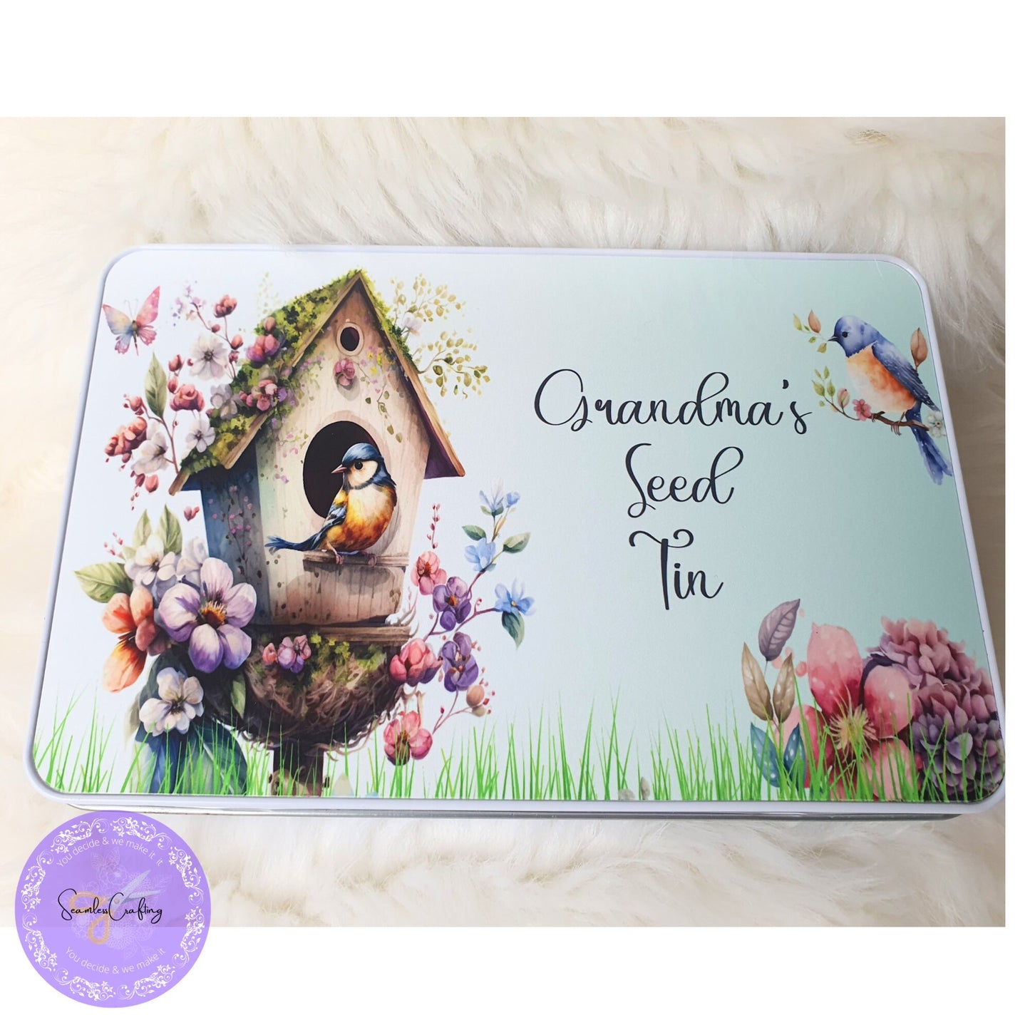 Personalised Bird Seed Tin, Novelty Metal Tin, add any text, Seed Storage, Gift for Her, him, Gardening Gift, Aluminium Tin, Bird Lover Gift