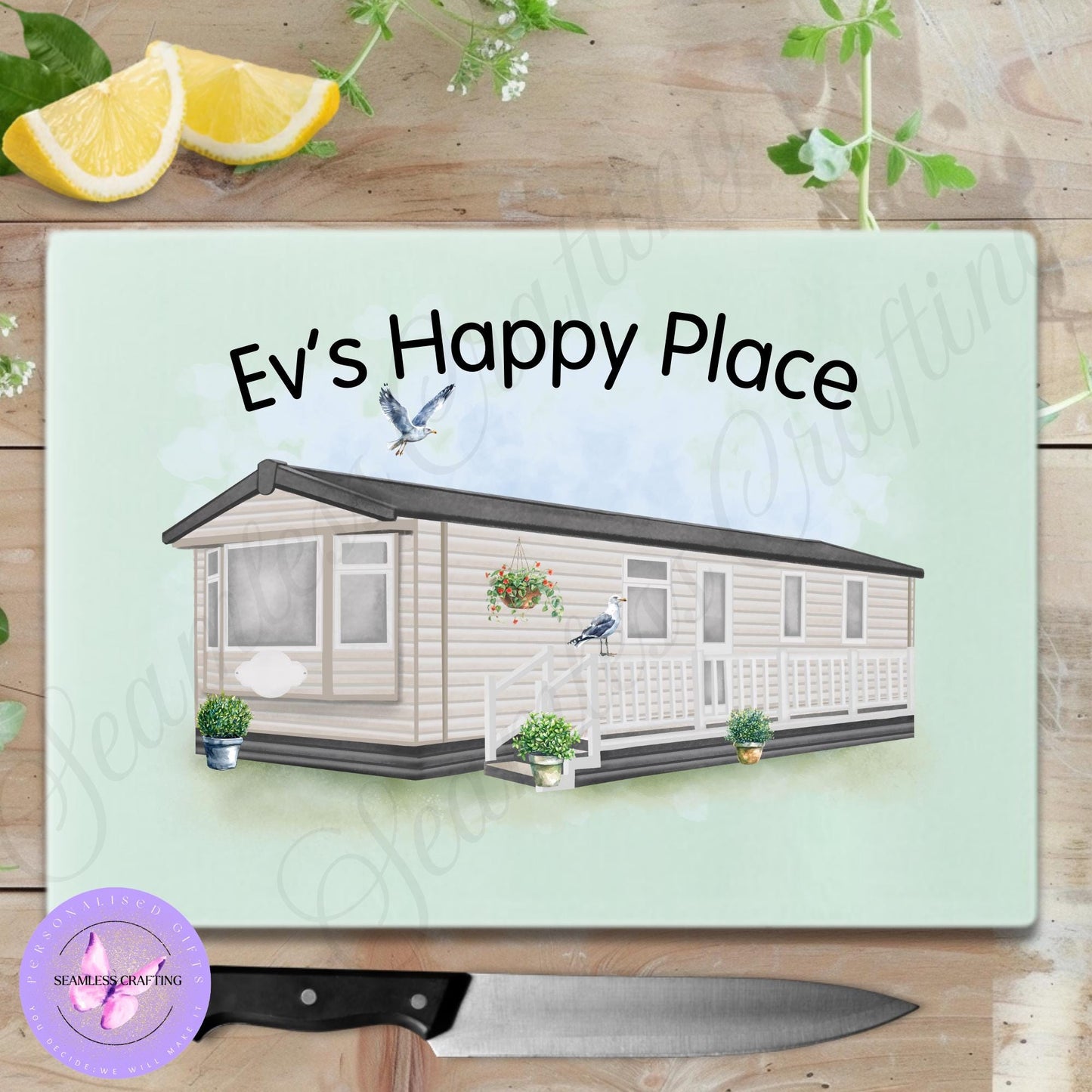 Personalised Static Caravan chopping board gift, Custom any text & names, Campervan holiday gift, Static owners presents, New home gift