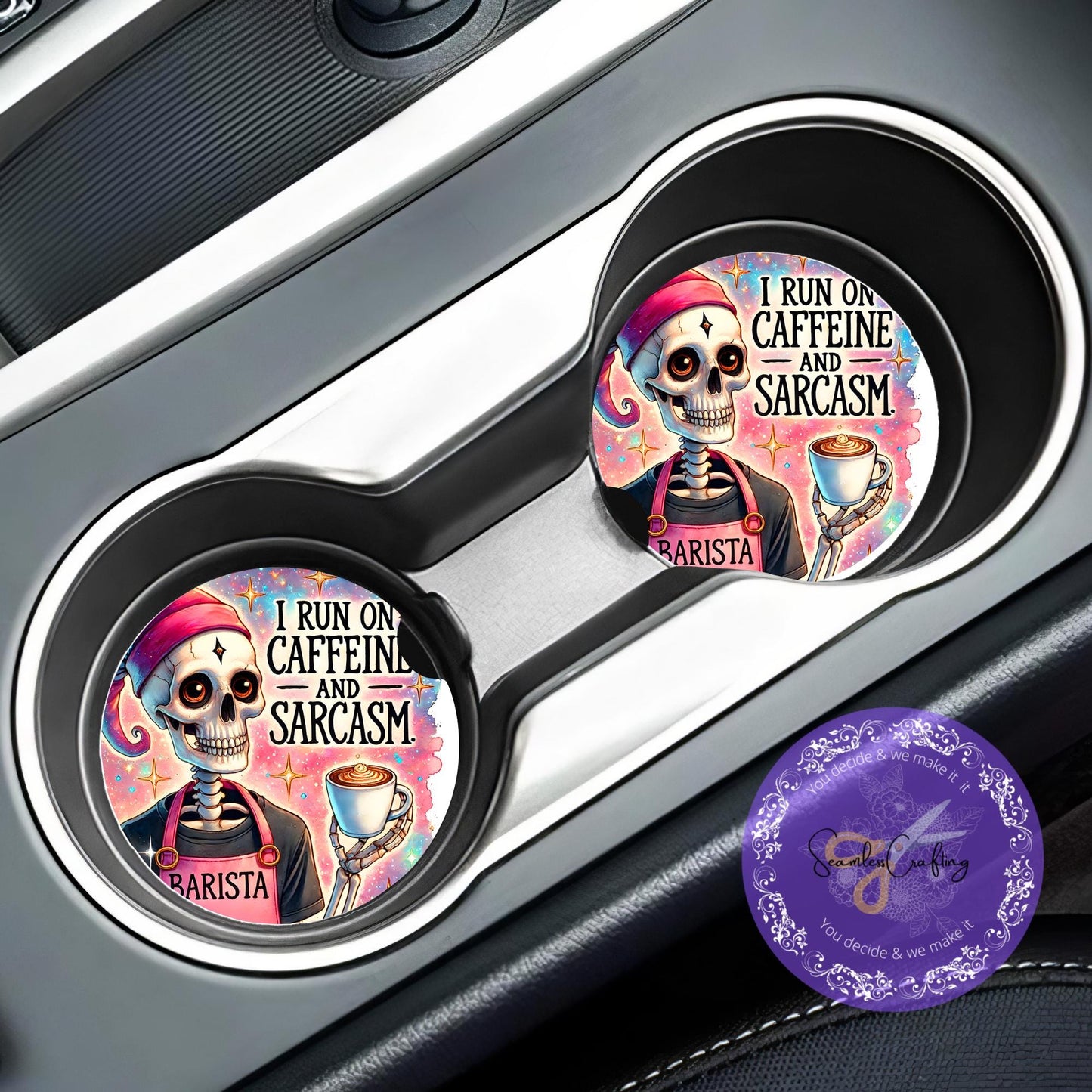 Custom made Car coaster, Car Accessory, Funny Pink Skull, Sarcasm Skull, Set of 2 coasters, I run on Caffeine & sarcasm quote, New Driver