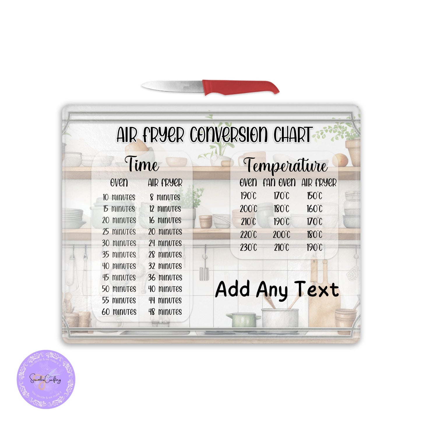 Personalised Glass Air Fryer Conversion Chart, Cooking lover gift, Tampered Glass, Baker, Chef cooking Aid, Customised Board, Birthday Gift