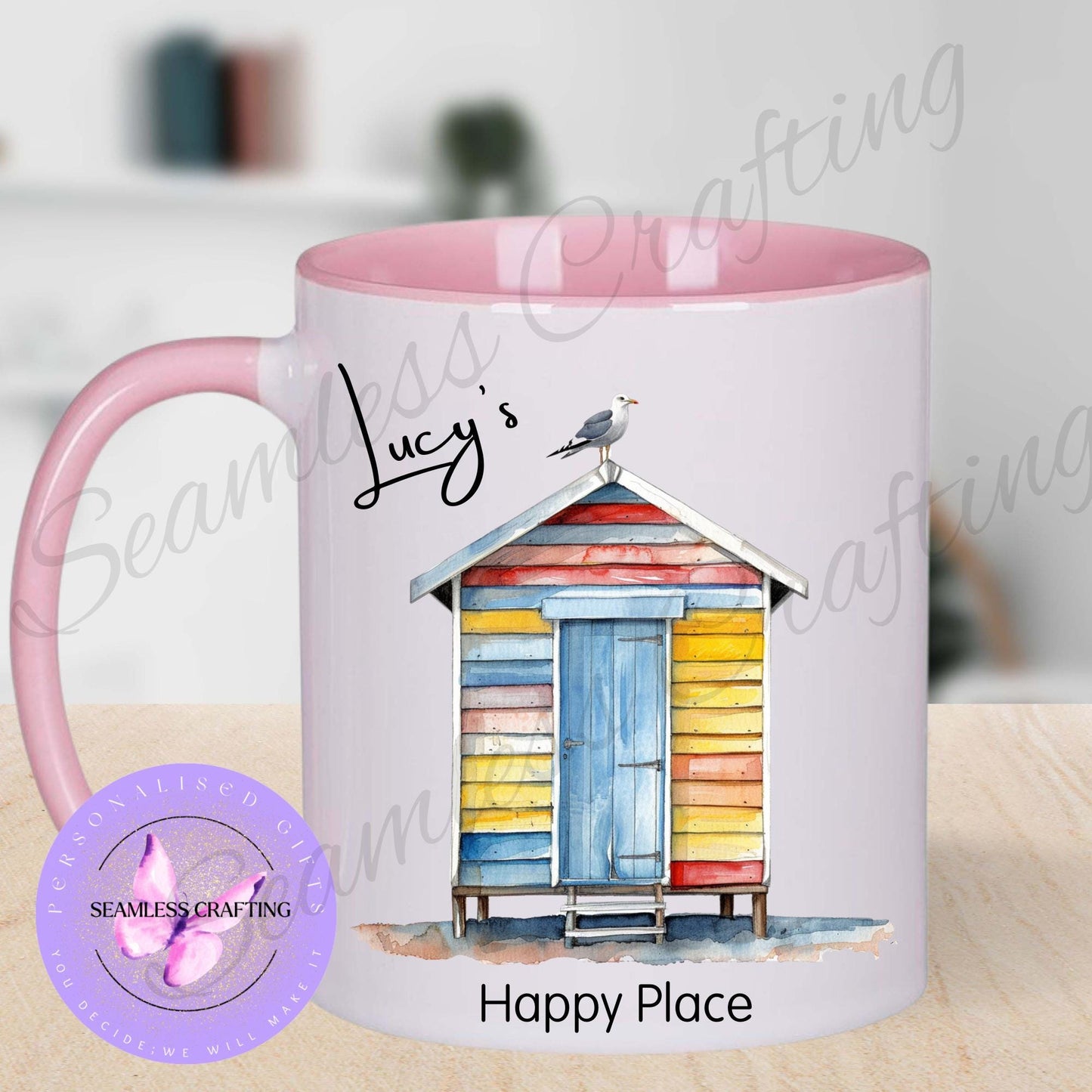 Personalised Beach Hut Gifts, Linen canvas Beach hut Cushion, Summer hut travel mug, ceramic cup, Nautical present, gift for her,him