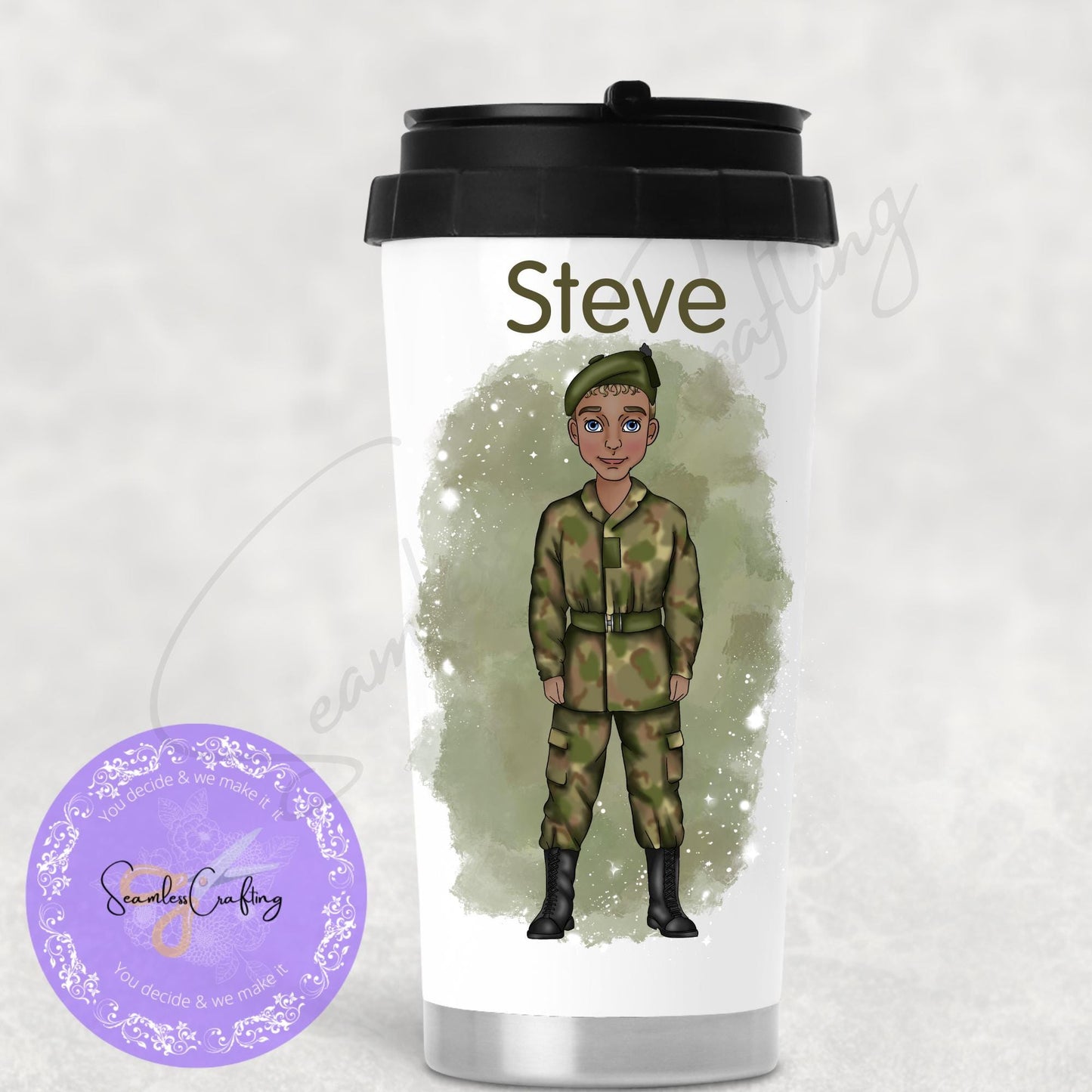Personalised Male Army Soldier mug, Army Cadet gift, Military gifts, Build character, caricature, customise with name, Army themed present