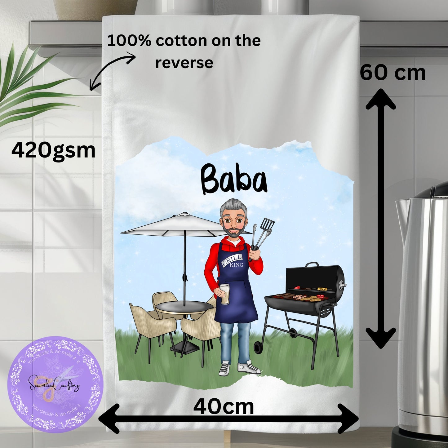 Personalised Character Barbeque Grill King Character Tea towel, Dad Grandfather gift, BBQ kitchen towel, build your caricature, add any text