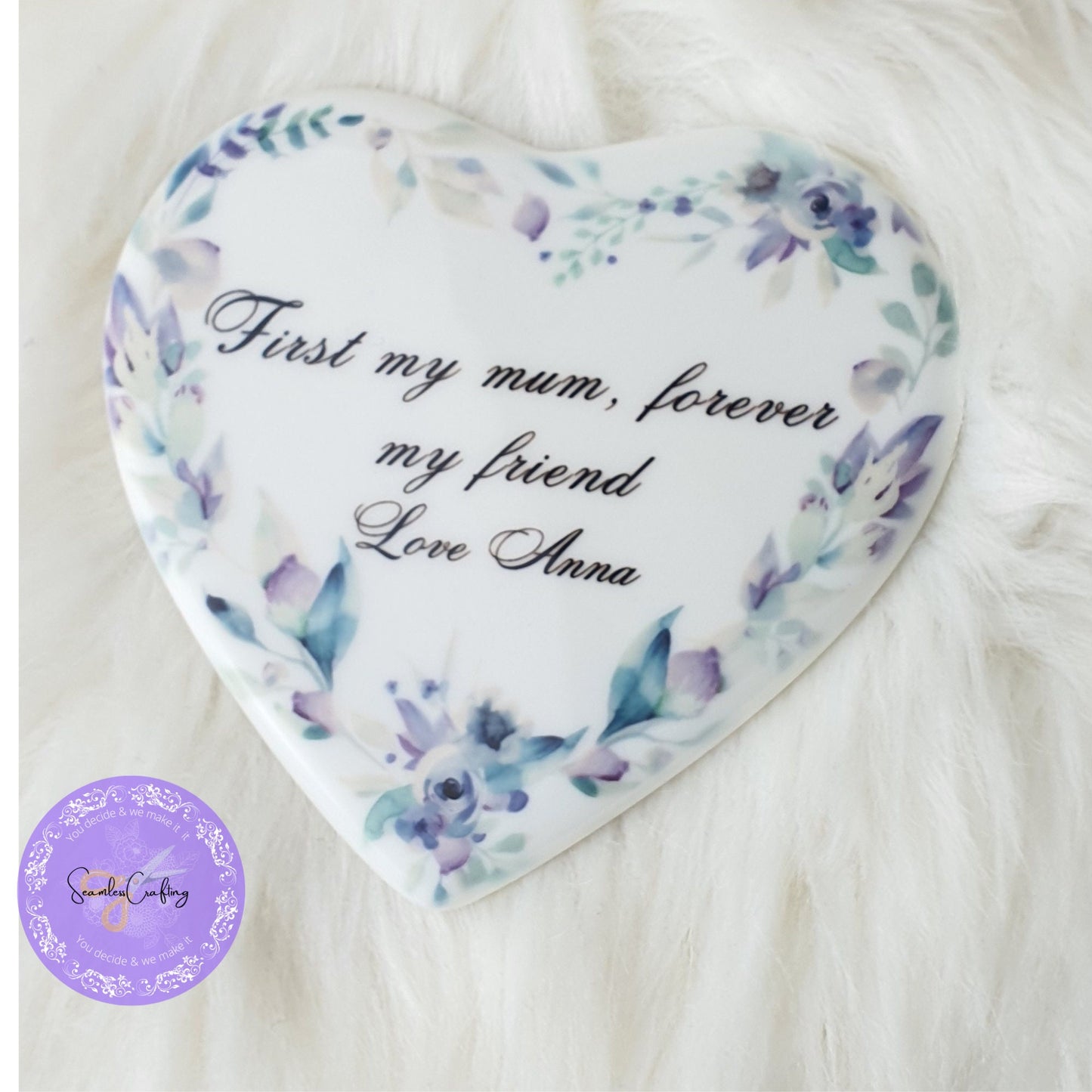 Personalised Heart ceramic tile with free plastic Stand easel, Display heart ornament for Mother, ' First my mum, forever my friend