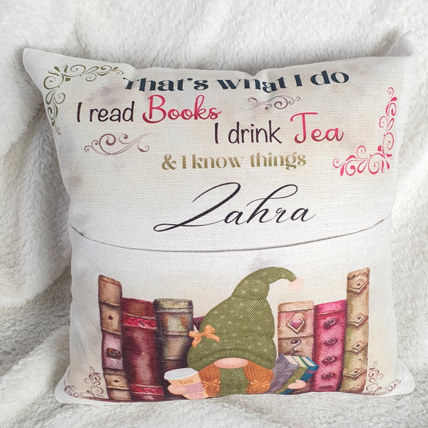 Personalised Gnome Pocket Reading Book Cushion, That's what I do cushion gifts, tea and loving reading pillow, Bedroom Decor, Unique Cushion