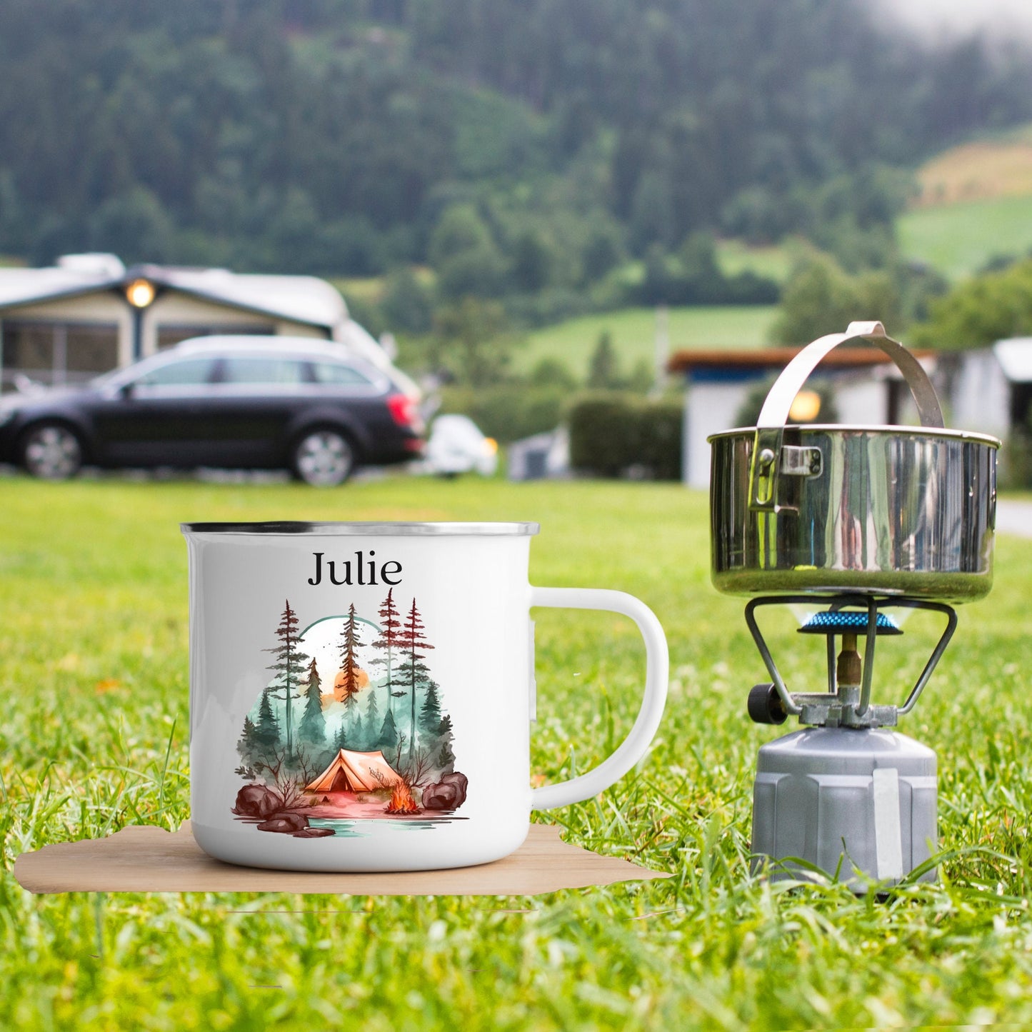 Personalised Camping Enamel Mug, Metal mug, Retirement Gift Mug, Outside Enamel Mug, Outdoor festival, Tin Mug, Custom Camper Mug, Camper