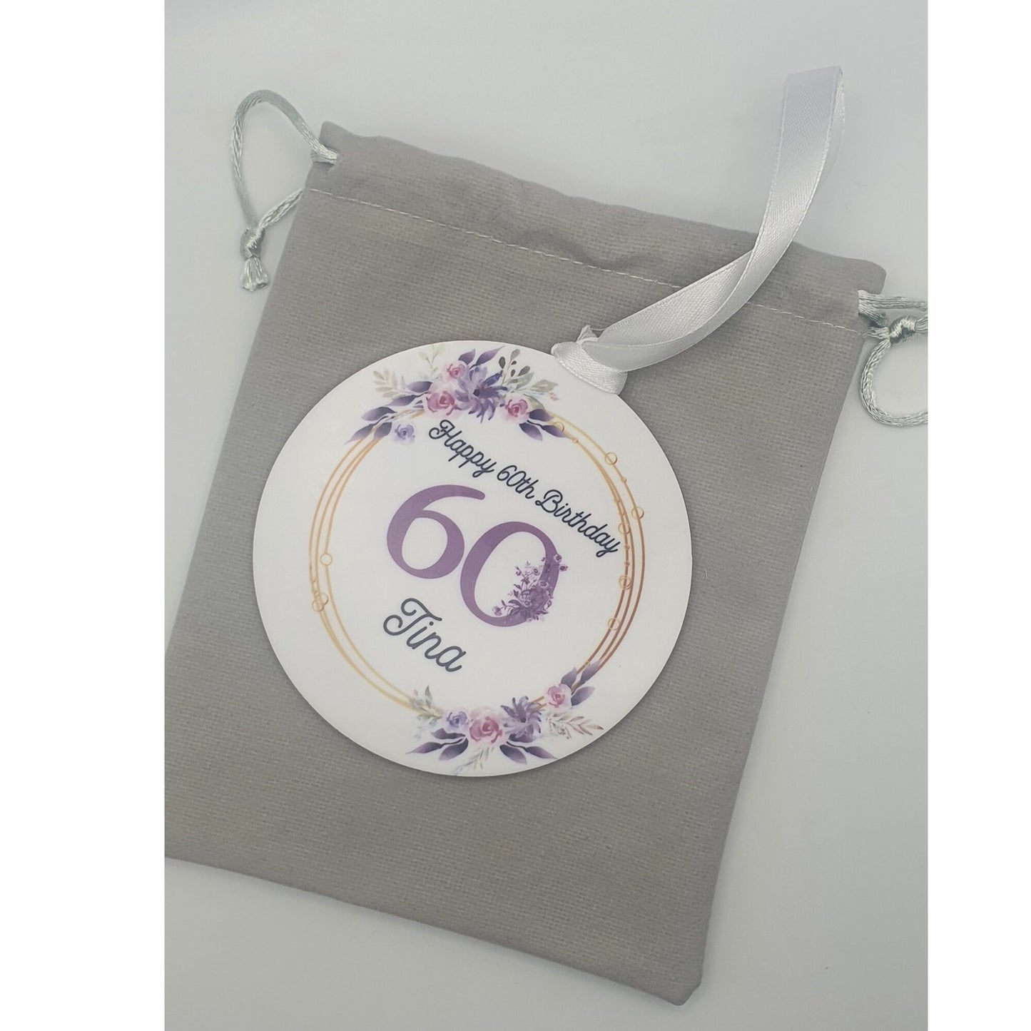 Personalised Milestone Birthday Hanging Acrylic ornament, Any age Purple flowers Plague, Gift For Her, 18th, 50th, 60th Birthday Keepsake