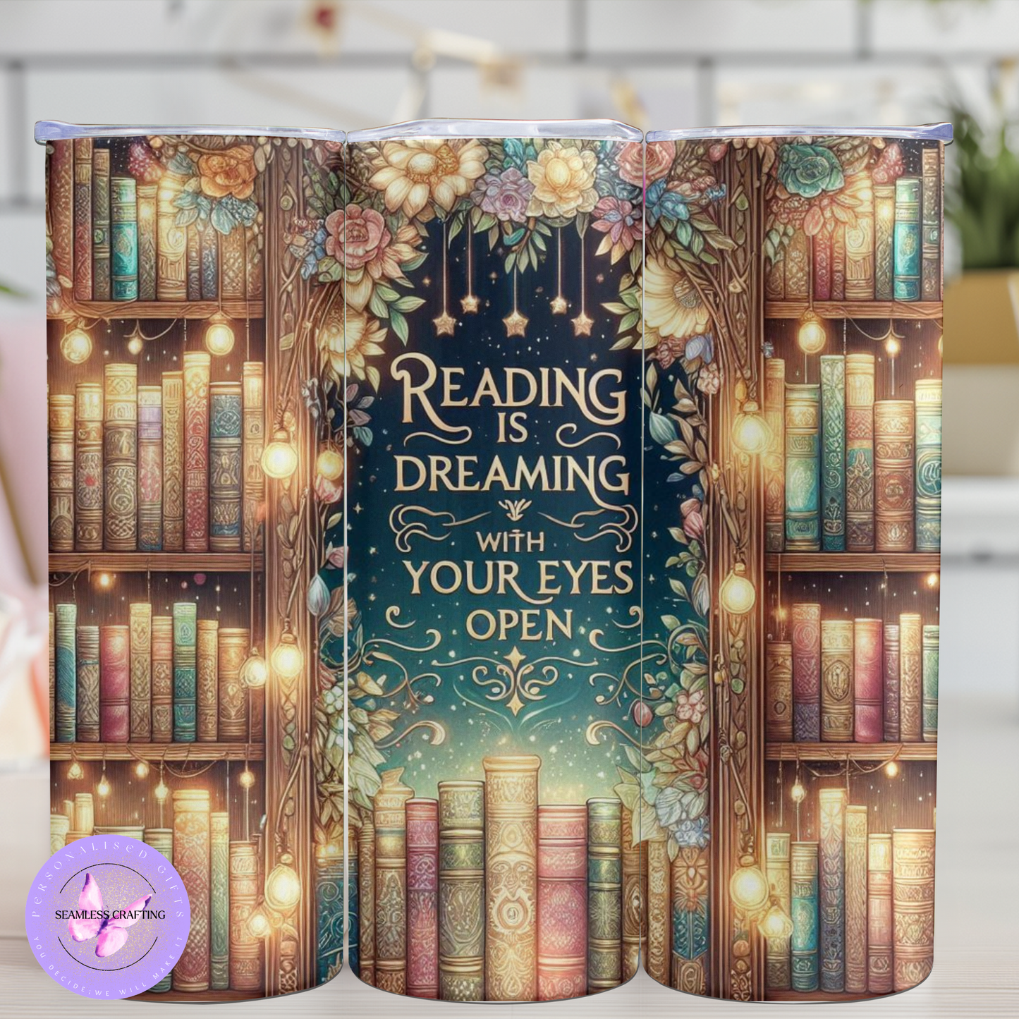 Personalised 20oz Stainless Steel Tumbler – “Reading is Dreaming with Your Eyes Open” Quote – Inspirational Book Lover Gift with Metal Straw & Cleaner