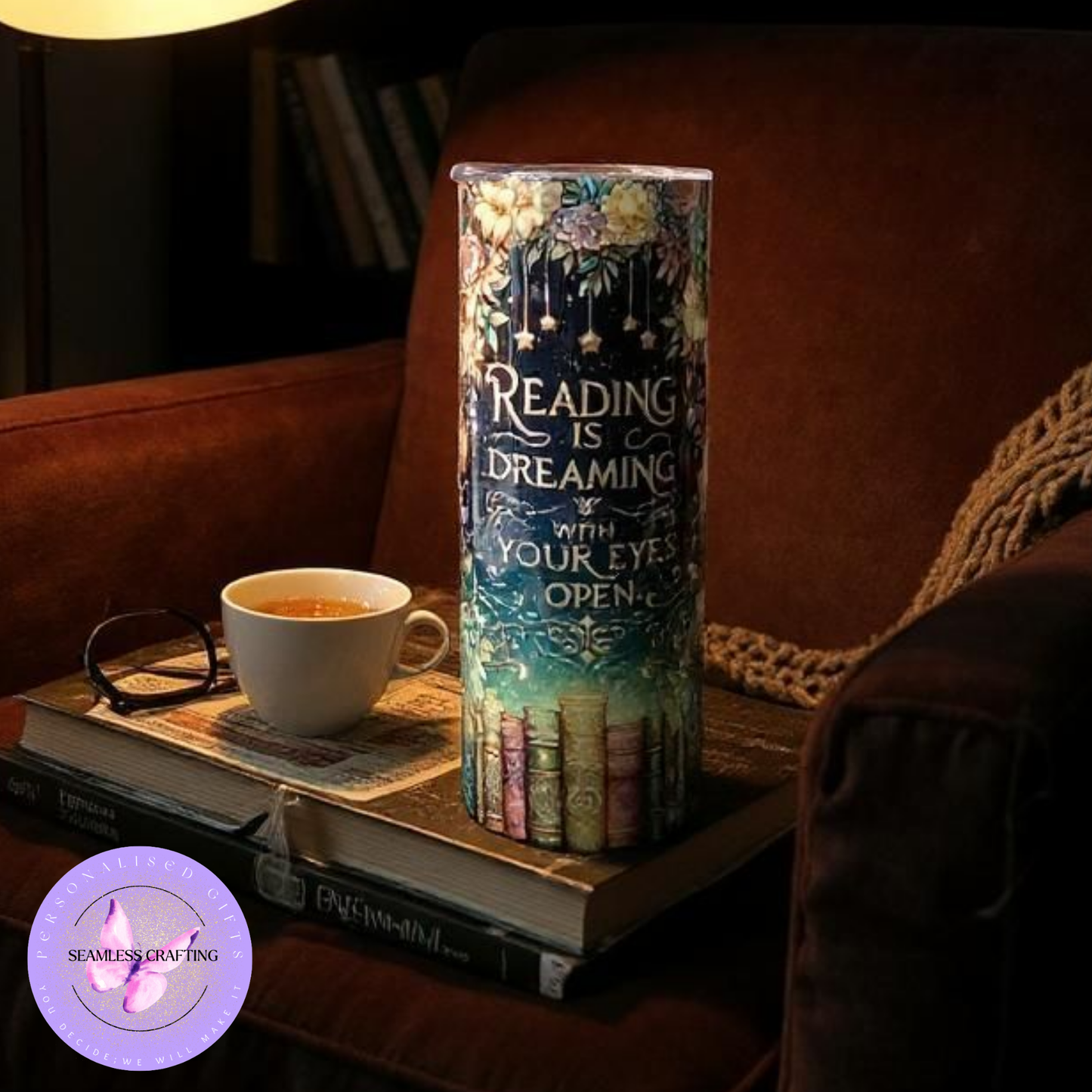 Personalised 20oz Stainless Steel Tumbler – “Reading is Dreaming with Your Eyes Open” Quote – Inspirational Book Lover Gift with Metal Straw & Cleaner