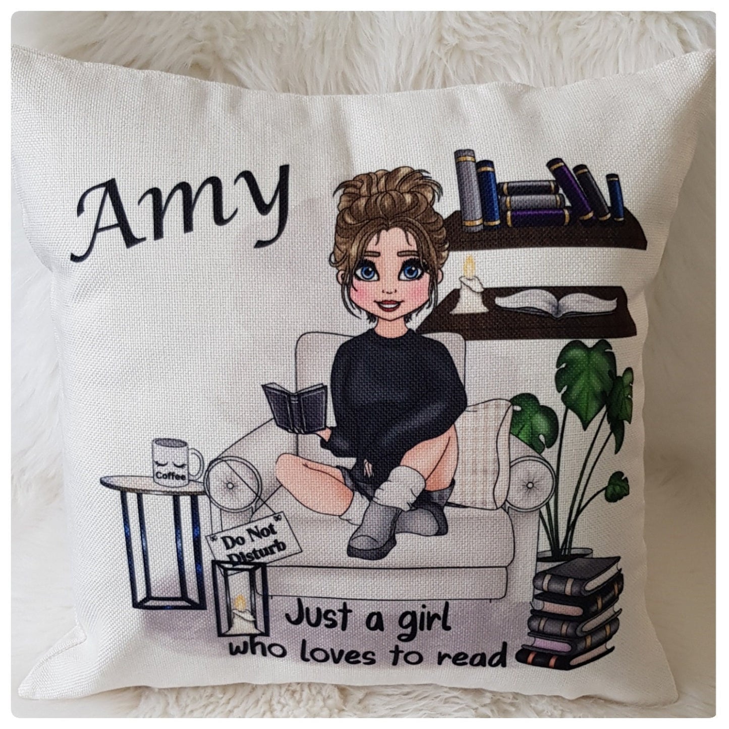 Personalised Reading Book Cushion, Just a girl who loves books, loving reading pillow, Bedroom Decor, Unique Cushion, Design Your Character