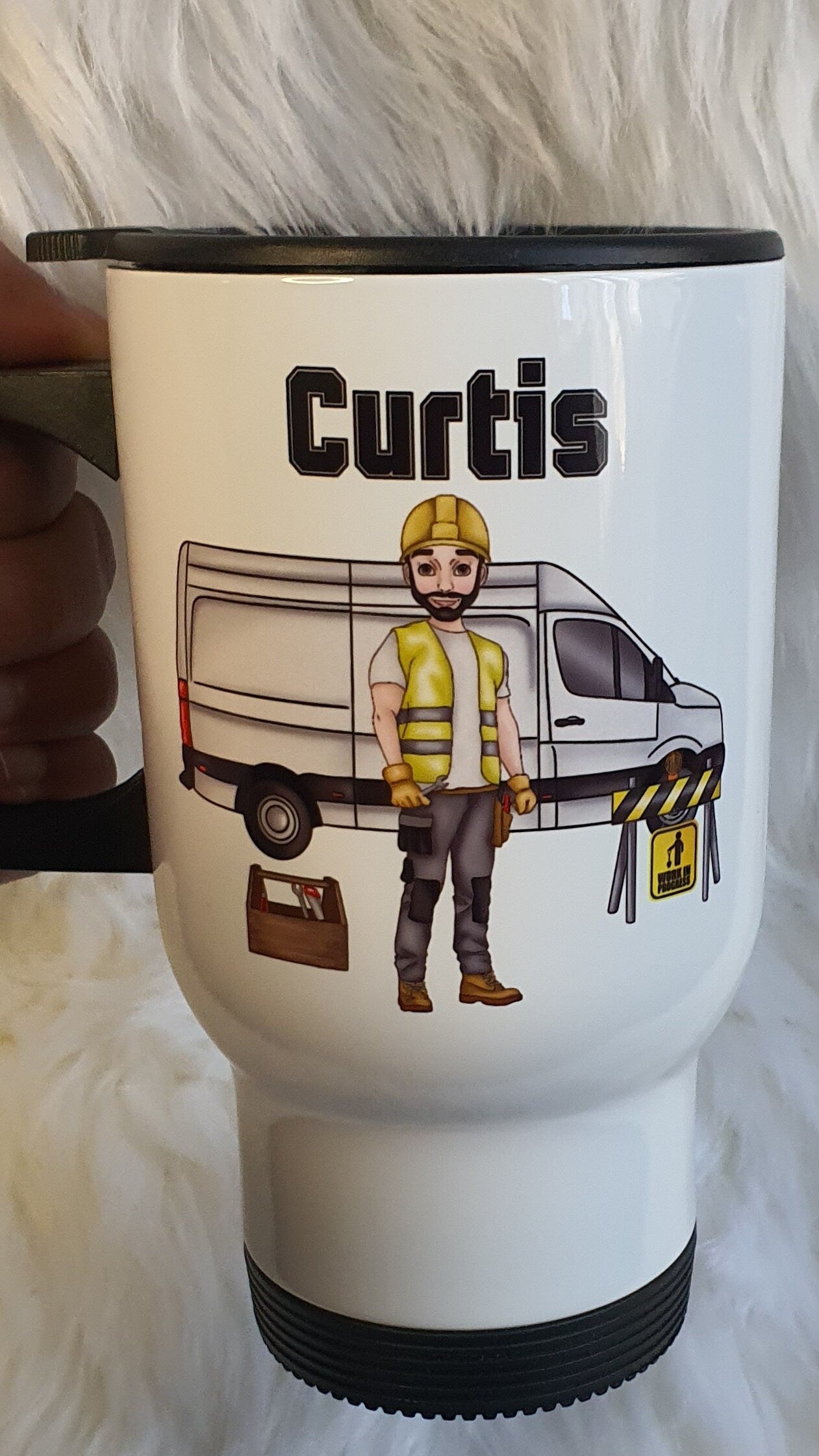 Personalised travel mug builder workman Gift, Construction worker Engineer, Handyman contractor Builder, Workman joiner yellow vest mug gift