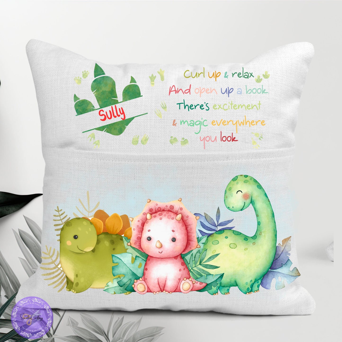 Personalised Dinosaur Pocket Reading Pillow, Customised name Curl up & Relax Cushion,Nursery Gift Pillow, Birthday Gift, First reading gift