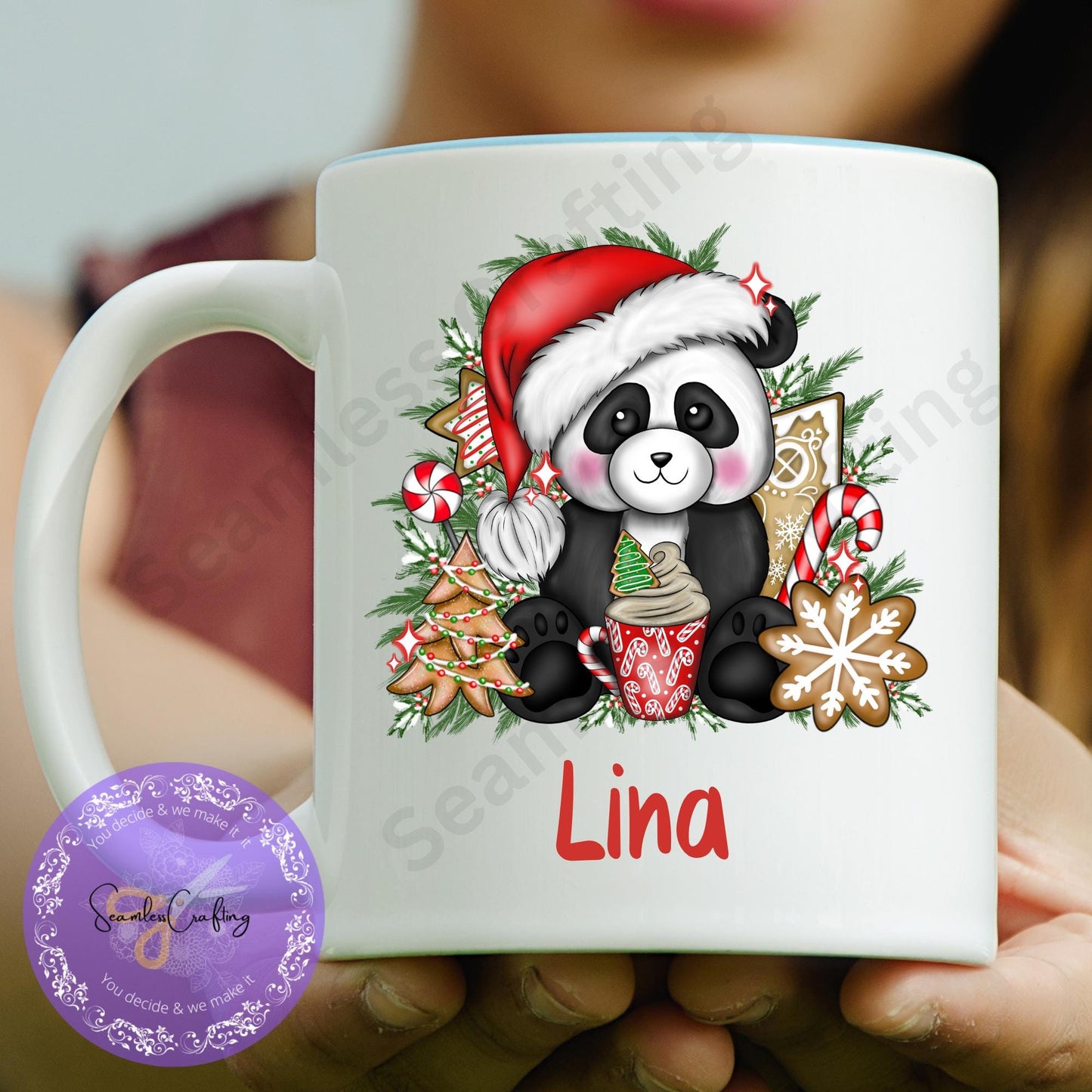Personalised Christmas Panda, Children's unbreakable cup, 6 0z &12 oz Christmas movie mug, Hot chocolate mug, Pink, Red Panda, Add any name
