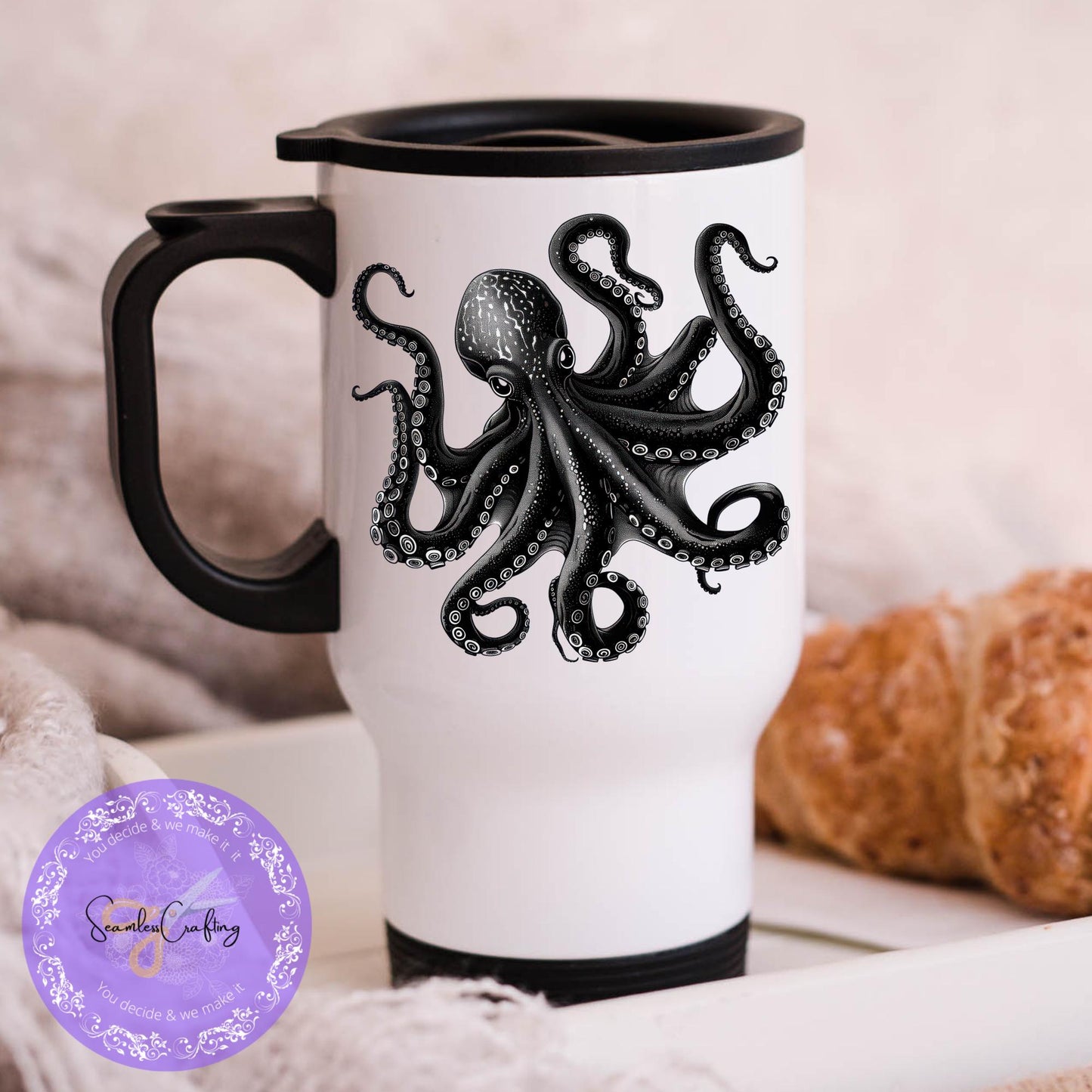 Custom-made Octopus Travel mug, Ceramic mug, Kraken Tentacle cup, Gift for him, Insulated mug, Coastal Reusable mug