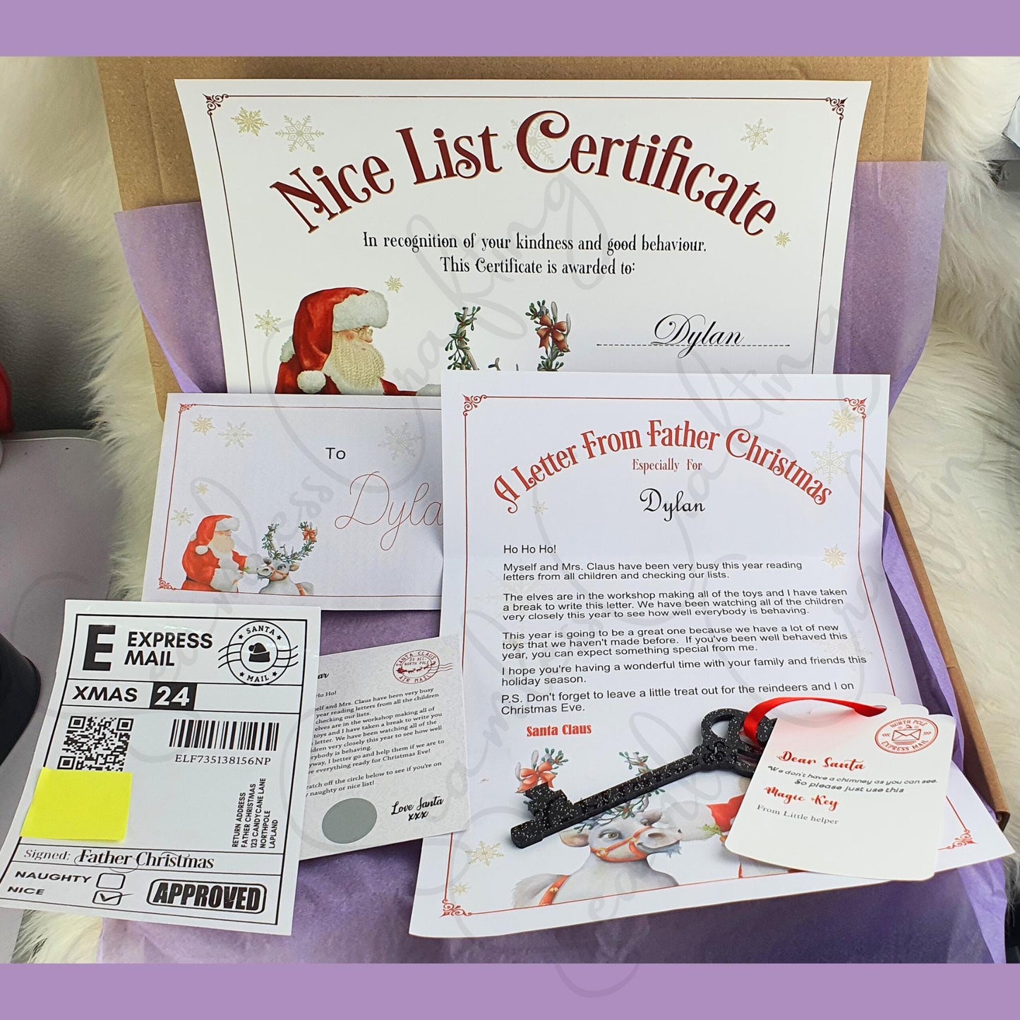 Personalised Santa nice list certificates, Scratch & reveal card letter from Father Christmas, Sant Key, Santa Shipping label QR code Bundle