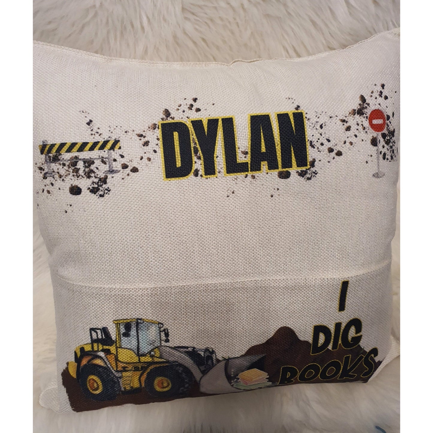 Personalised Digger Truck Pocket Reading Book Cushion, I Dig Books cushion gifts, Construction Tractor Bedroom Decor, Unique Cushion Gift