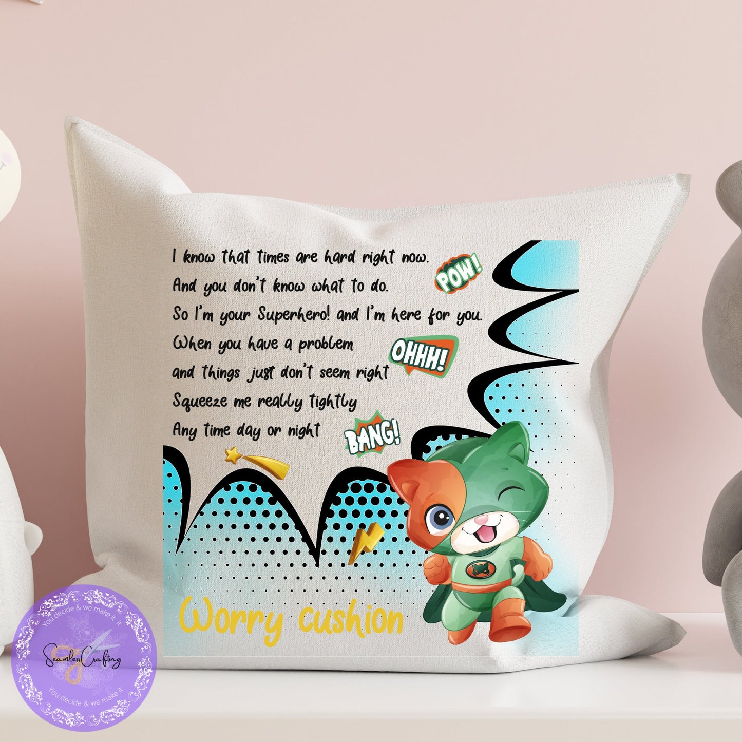 Personalised kids Superhero Cushion, Worry Comforter Soft pillow, Gift bedroom boys and girls, I know times are hard, Bad Dreams Comforter