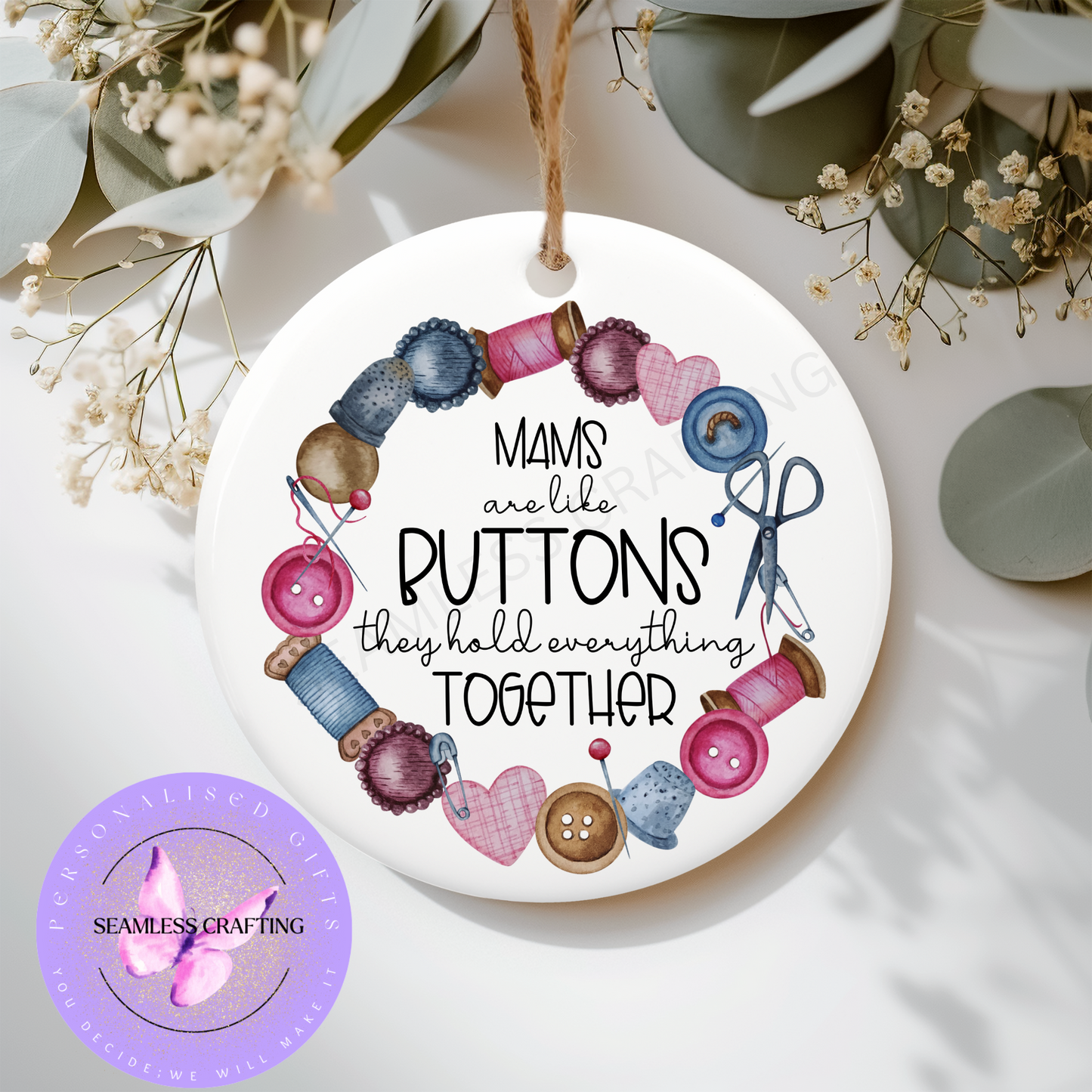 Personalised Ceramic Buttons Ornament | Mam, Nana, Sister Gift | Sewing Theme Keepsake Decoration