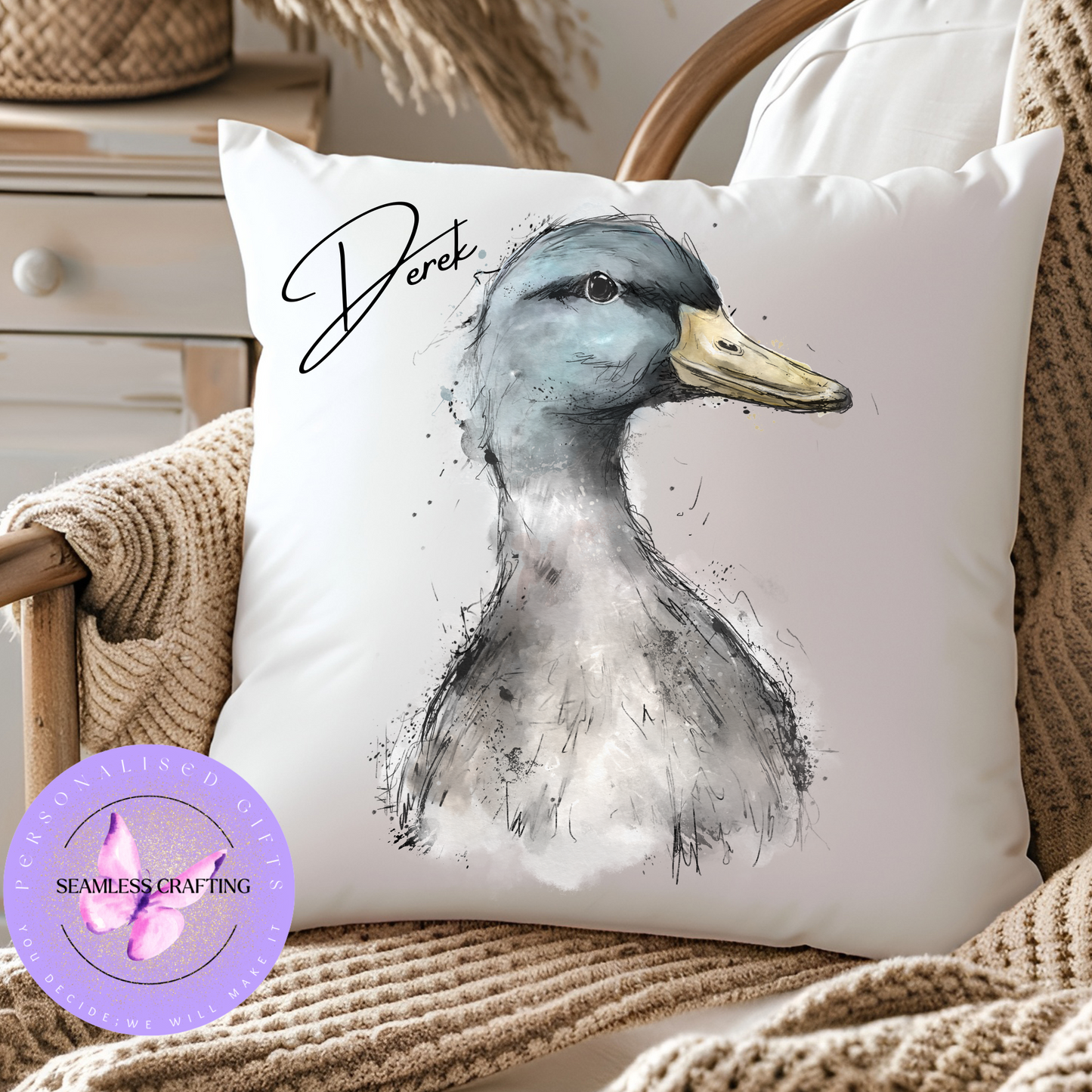 Personalised Watercolour Duck Cushion – Custom Name Pillow for All Occasions