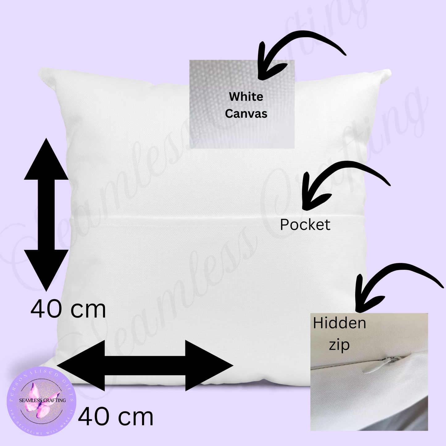 White reading cushion back with hidden zip and pocket, linen canvas pillow.
Close-up of reading cushion pocket for books and keepsakes