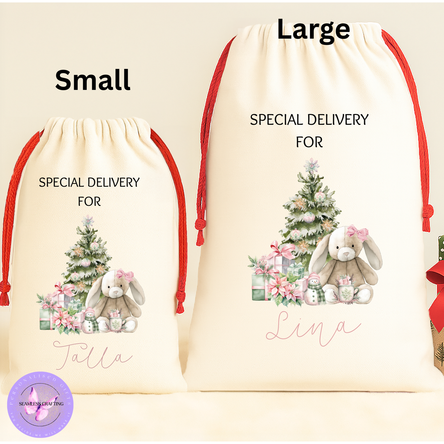 Personalised Bunny Rabbit Christmas Santa Sack – Custom Name Linen Gift Bag for Kids