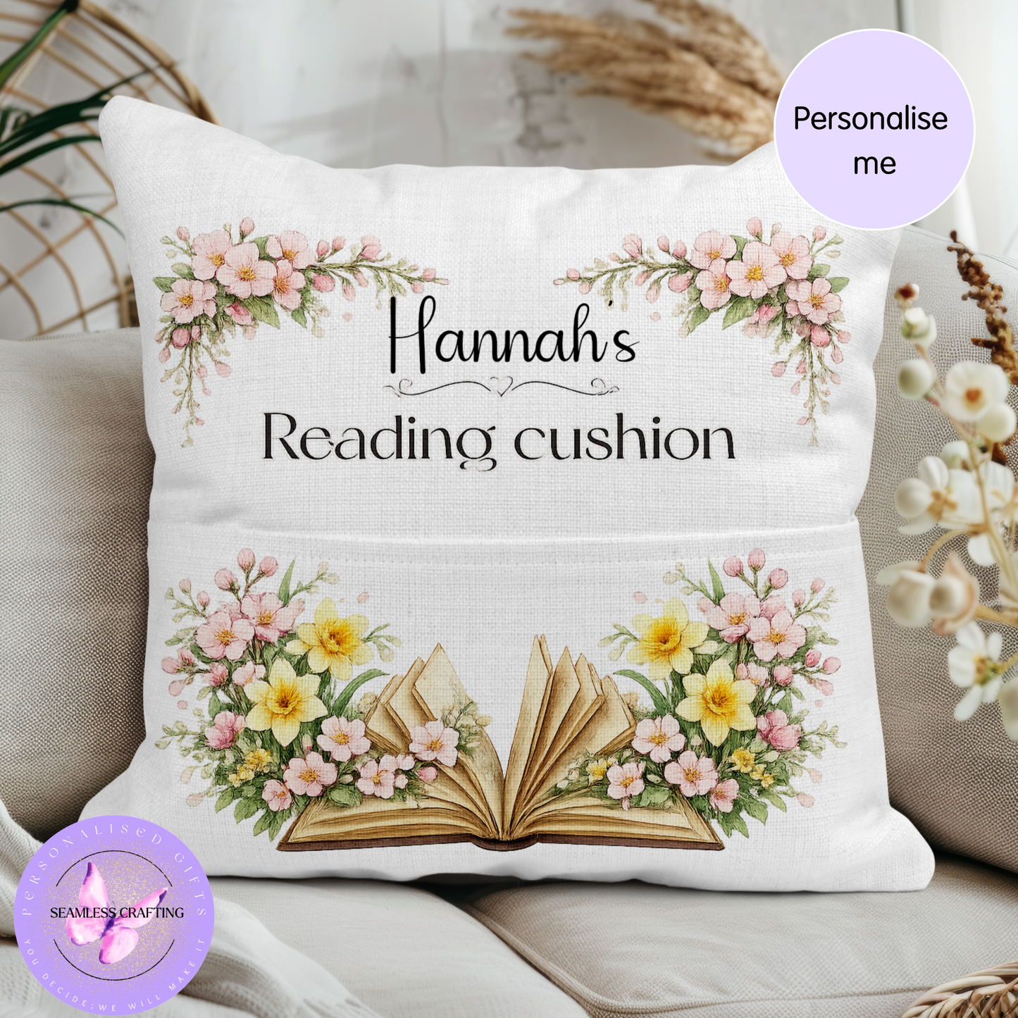 Personalised Birth Flower Reading Cushion with Pocket – Custom Name Book Pillow, Birth Month Flower Gift, Book Lover Cushion for Kids or Adults
