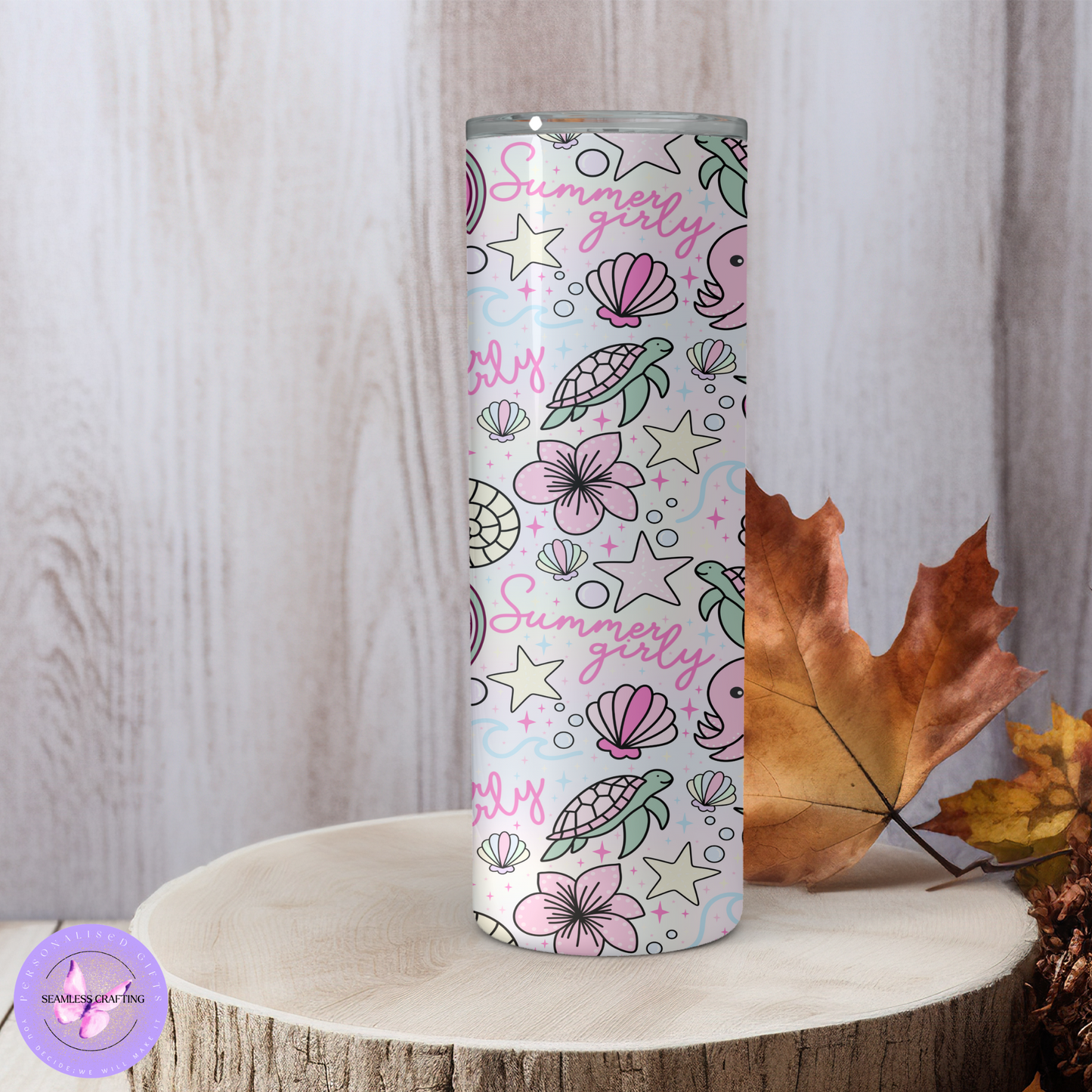 Personalised 20oz & 16oz Stainless Steel Tumbler – Summery Girly Pastel Beach Design