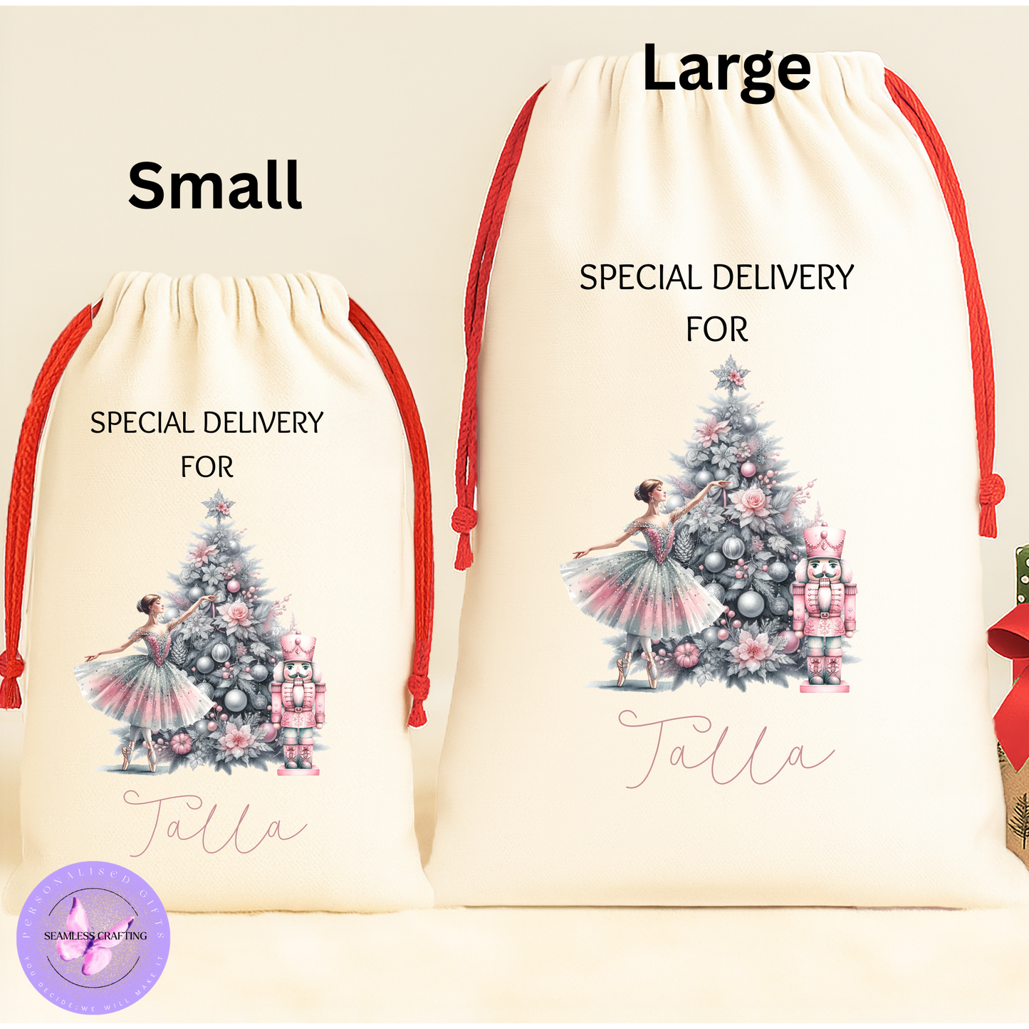 Personalised Christmas Santa Sack – Nutcracker Ballet Gift Bag | 3 Designs in Blue, Gold, Pink | Large & Small Sizes