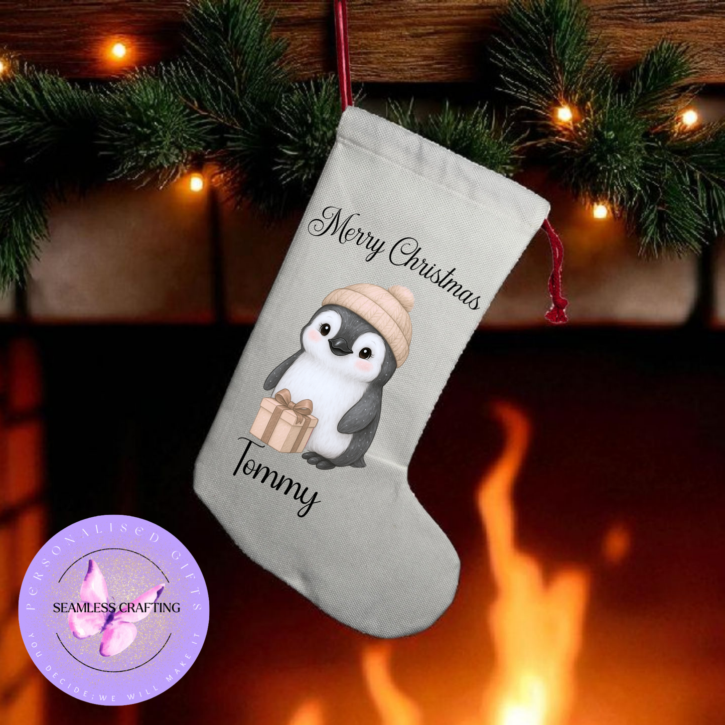 Personalised Christmas Stocking with Penguin Design – Custom Name Linen Canvas Sack – Green or Gold Penguin Xmas Gift Bag – Cute Holiday Fireplace Decoration