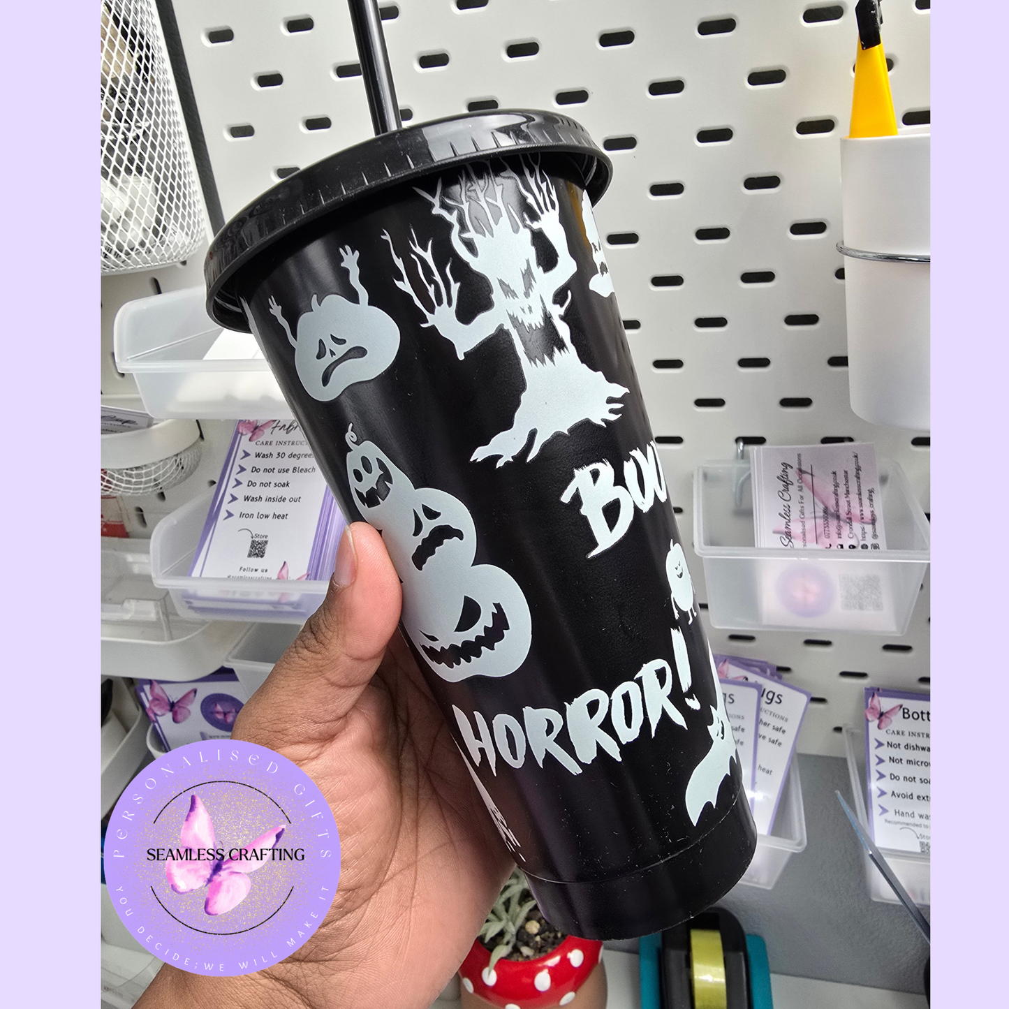 24oz Halloween Glow in the Dark Cold Cup – Boo Horror Reusable Tumbler with Lid & Straw