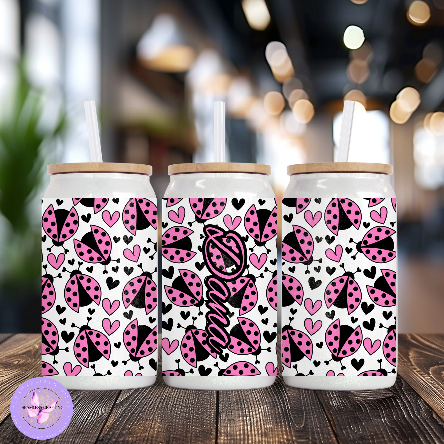 Personalised Ladybug Shimmer Glass Can Tumbler – 16oz with Bamboo Lid & Straw – Custom Name – Red or Pink Ladybug Design – Cute Gift for Her