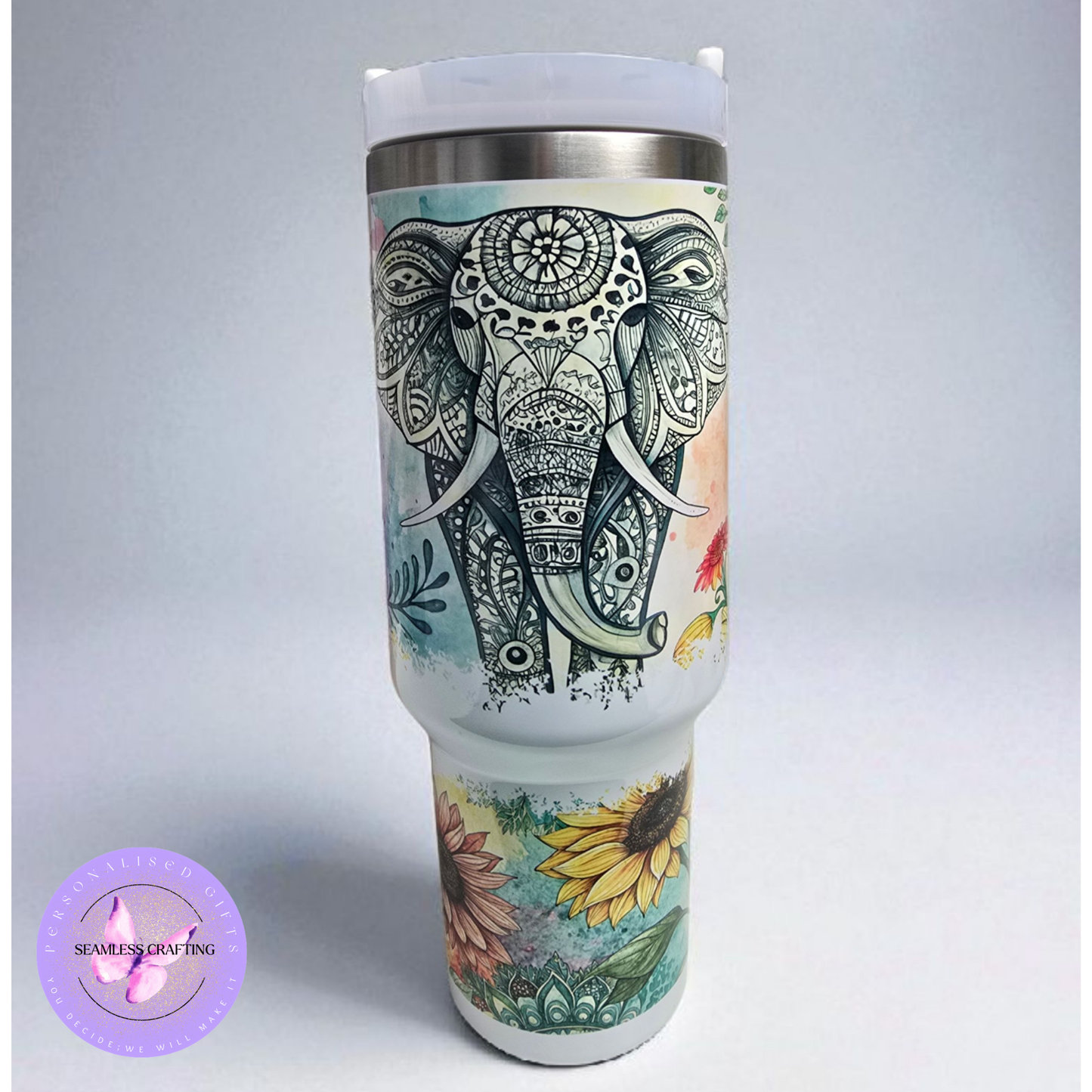 Personalised 40oz Mandala Elephant Tumbler with Handle & Straw – Floral Boho Travel Mug