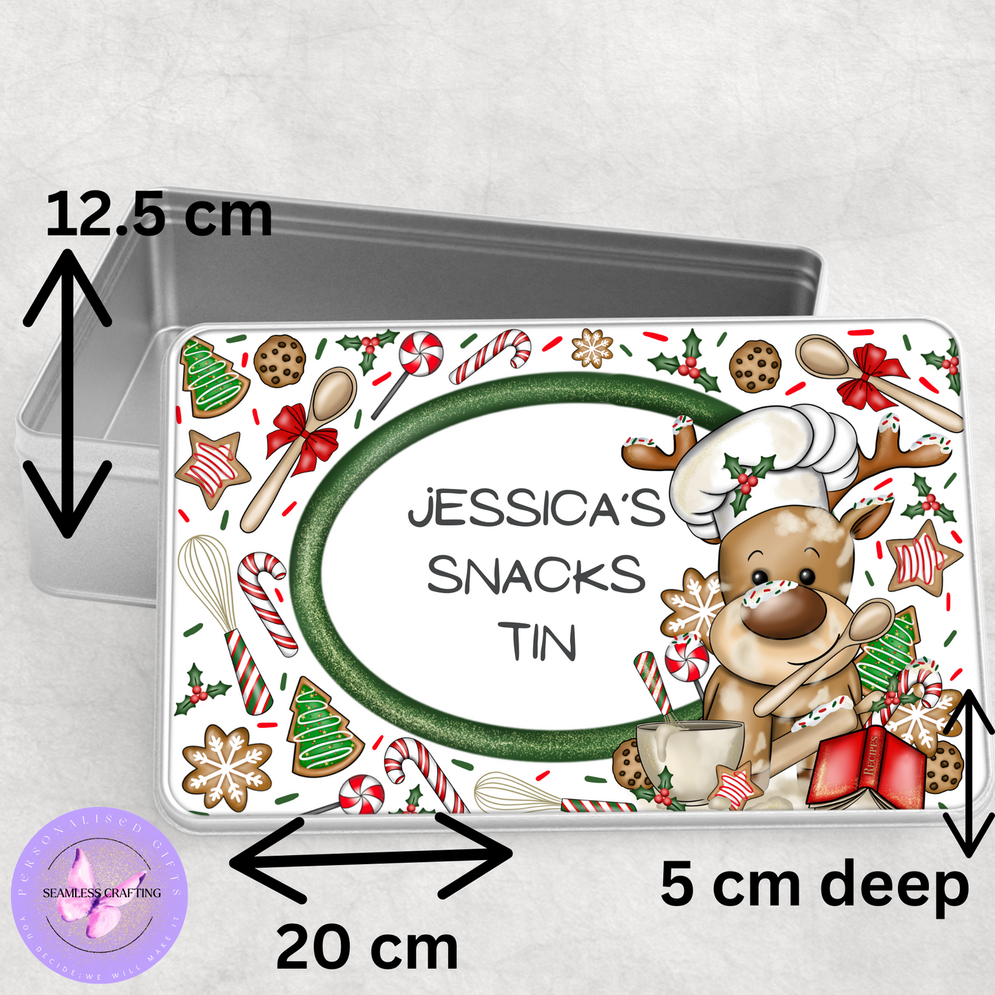 Personalised Christmas Snack Tin – Custom Reindeer Treats & Cookie Storage Box