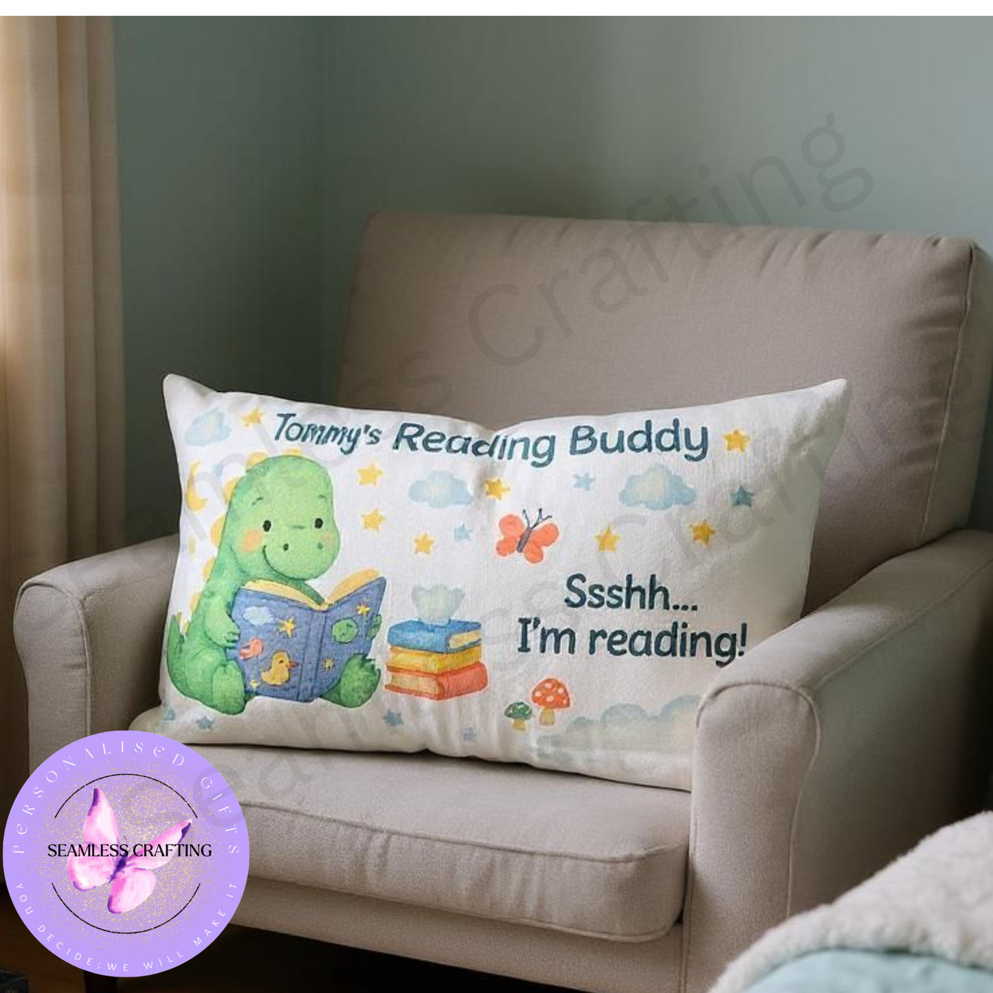 Personalized Reading Buddy Cushion | Custom Kids Pillow with Name | Dinosaur & Unicorn Design | 20x40 cm Canvas Storytime Gift