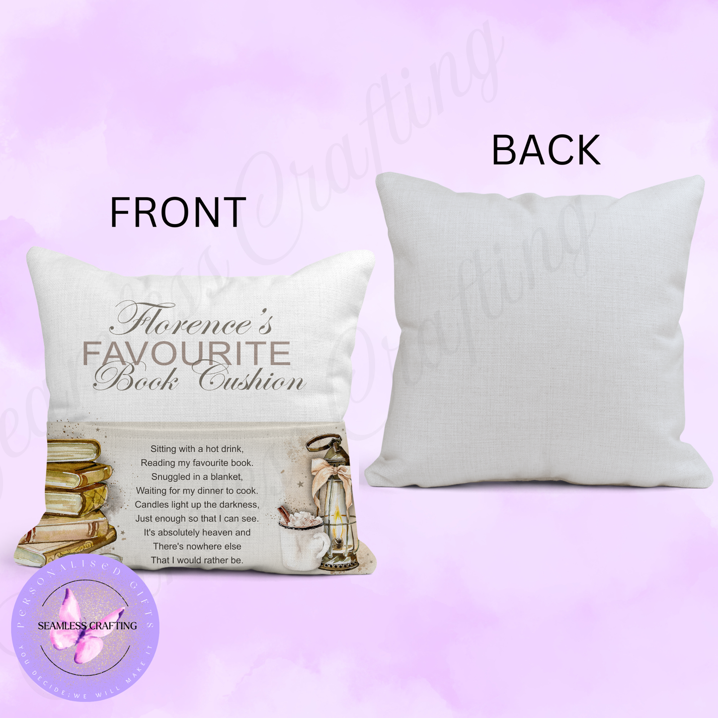 Personalised Reading Cushion with Pocket – Custom Name Linen Book Cushion Gift for Book Lovers, Readers & Bookworms – 40x40cm Handmade Cushion Cover