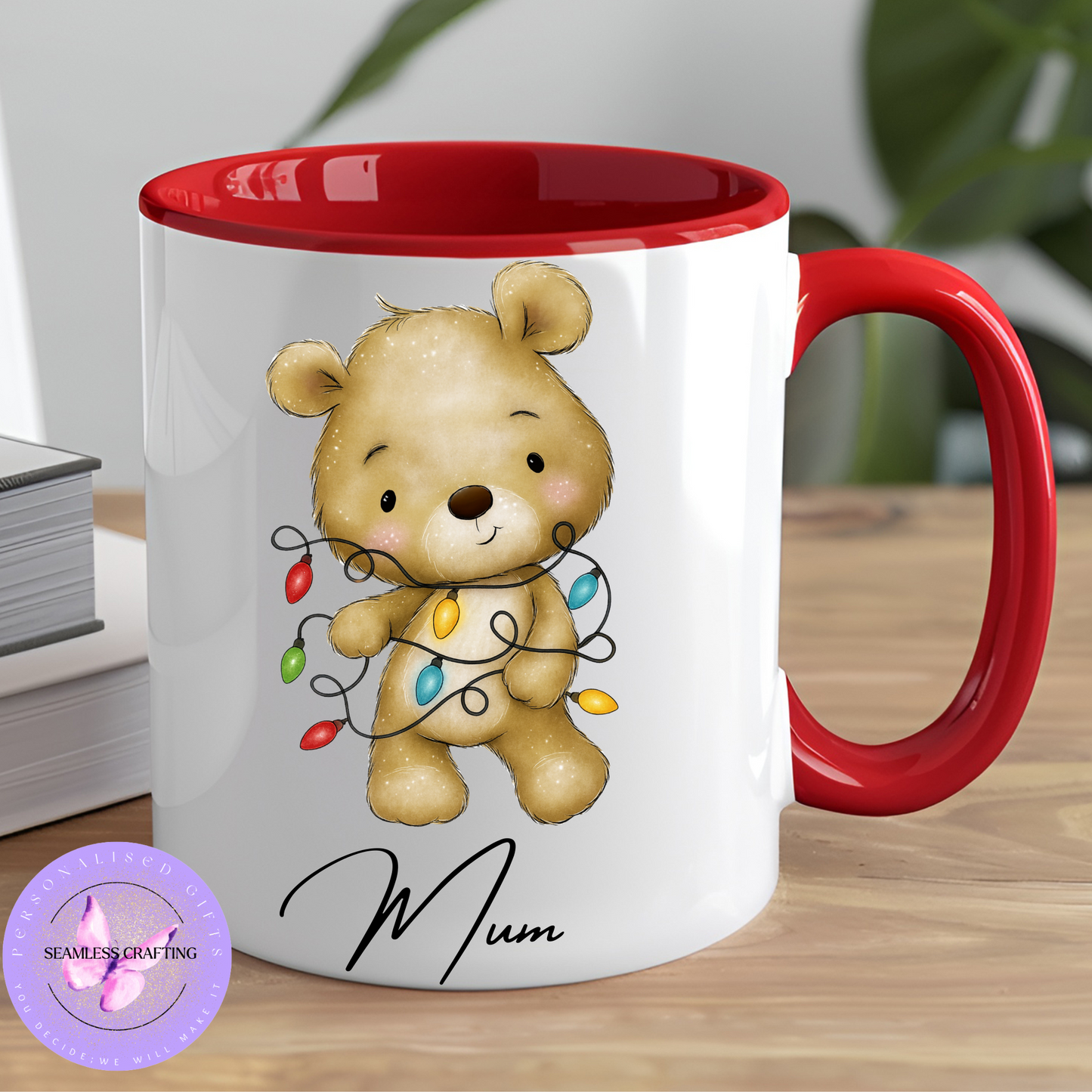 Personalised Christmas Mug – Teddy Bear Tangled with Christmas Lights – 11oz Ceramic Coffee Cup with Custom Name & 5 Colour Options