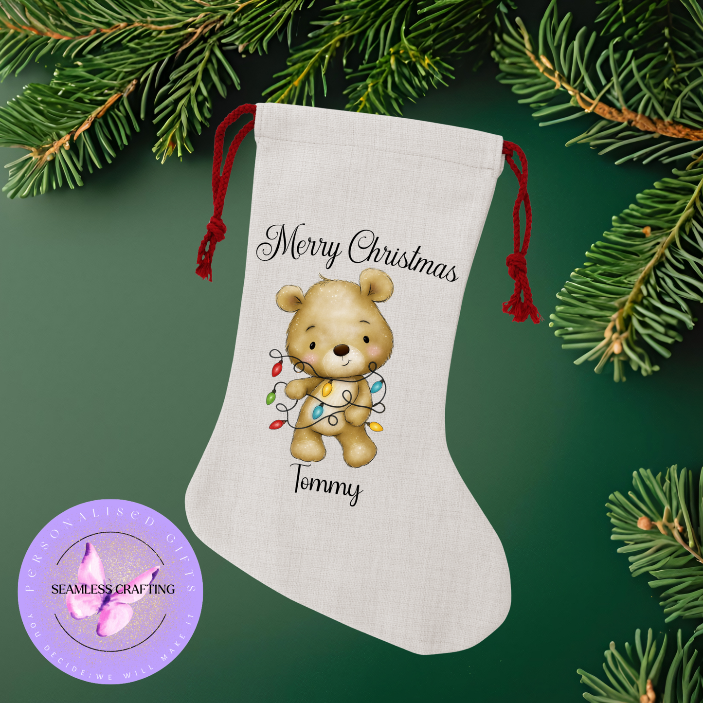 Personalised Christmas Stocking – Cute Teddy Bear Tangled with Christmas Lights – Custom Name Linen Canvas – Holiday Gift for Kids & Family