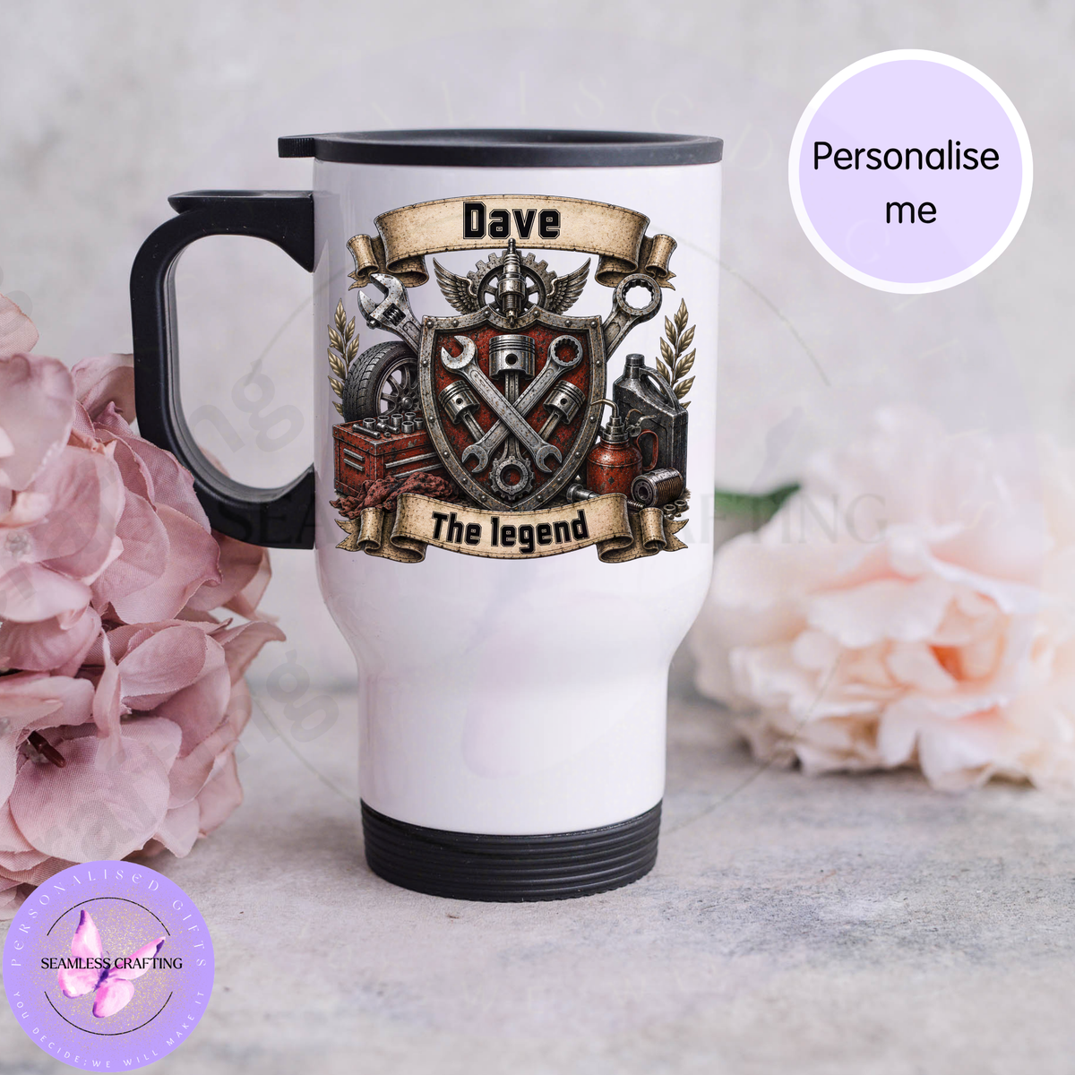 Personalised 14oz stainless steel mechanic travel mug with Dave and The Legend tool design