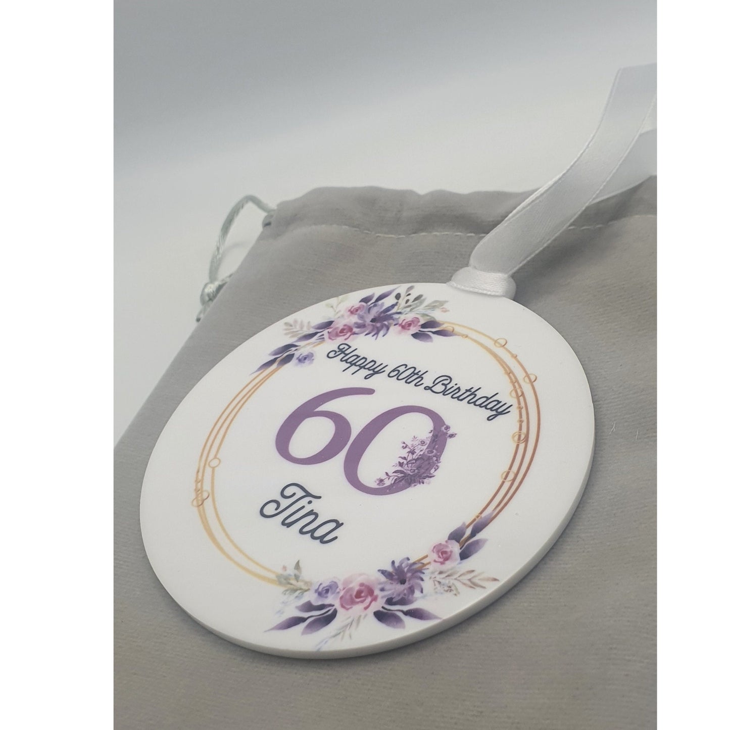 Personalised Milestone Birthday Hanging Acrylic ornament, Any age Purple flowers Plague, Gift For Her, 18th, 50th, 60th Birthday Keepsake