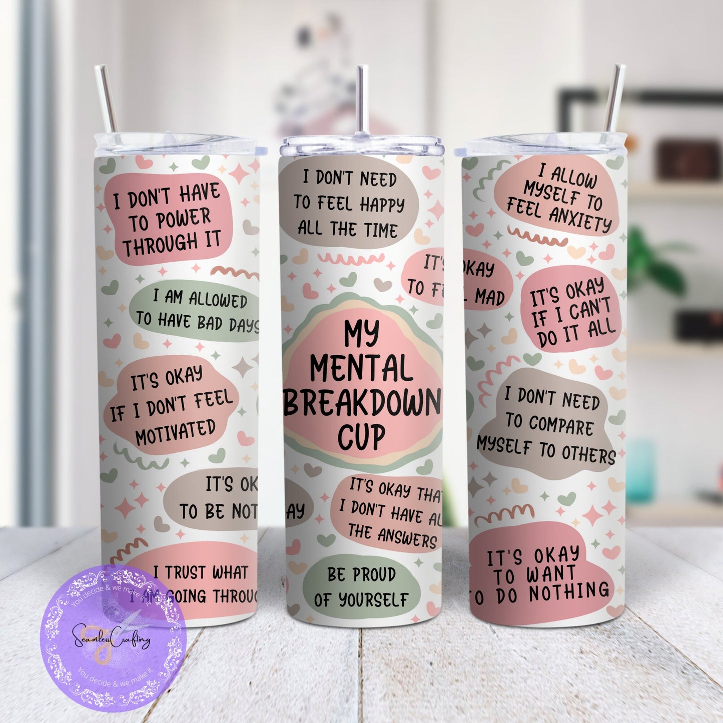 Personalised Mental Health Breakdown tumbler, cold and hot drink, 20 oz double walled isulated, Resuable postive affirmation cup
