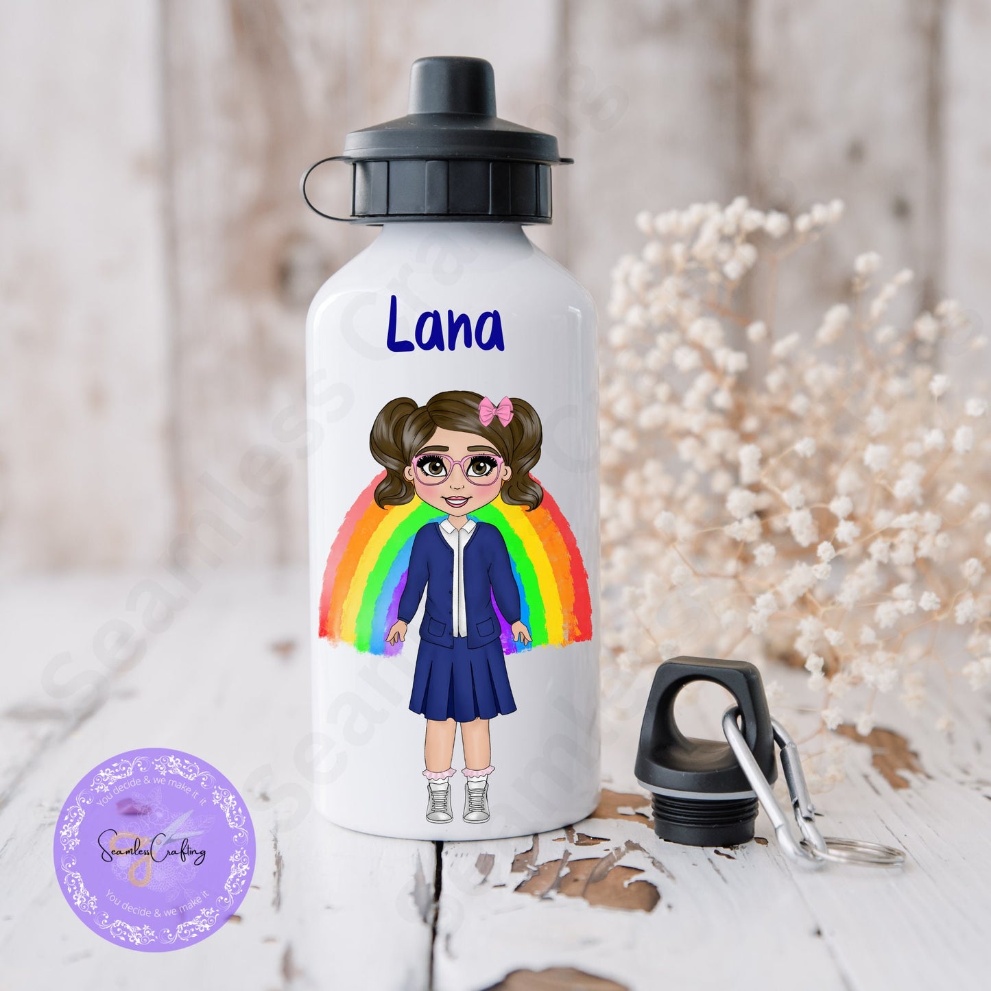 Personalised School uniform water bottle, Back to school water bottle, Nursery water bottle, Girl Character water bottle,customise with name