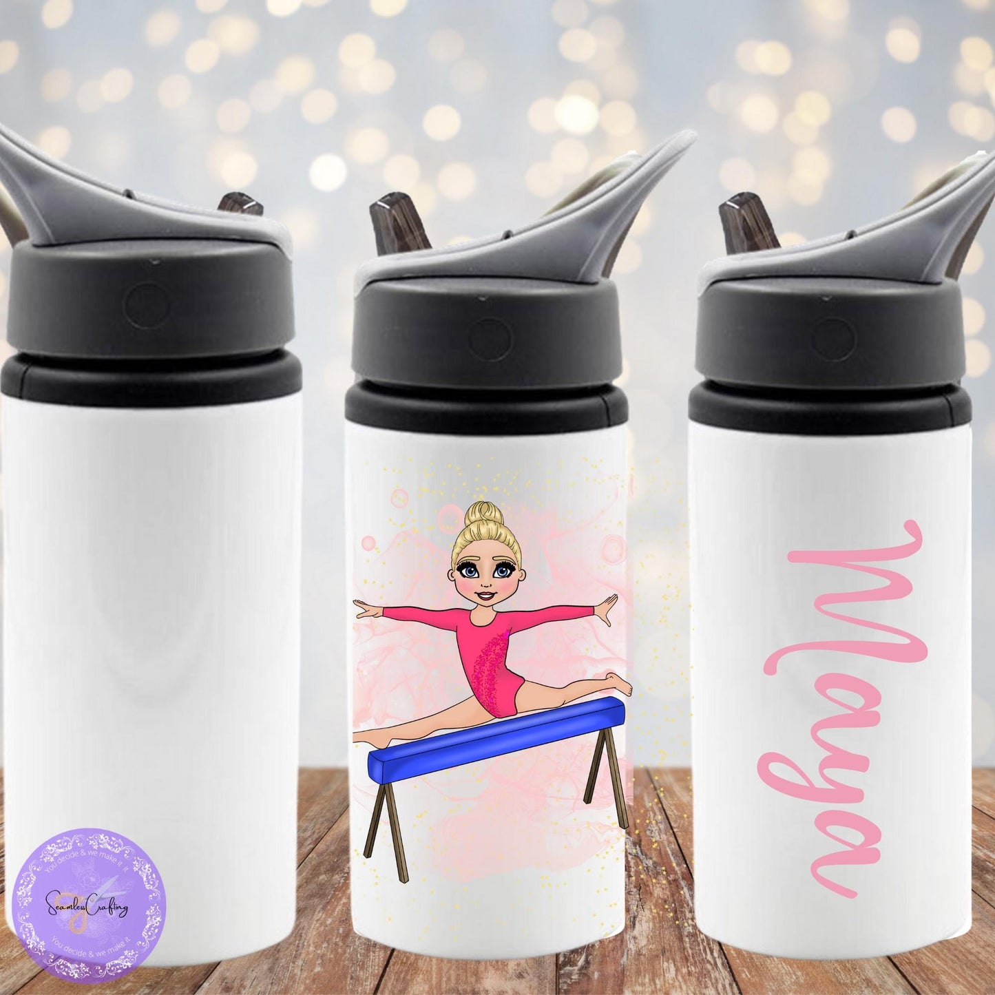 Personalised Beam Gymnast girl water bottle, Stainless steel tumbler, 21 Leotard choice of colours, back to school, caricature drawstring PE