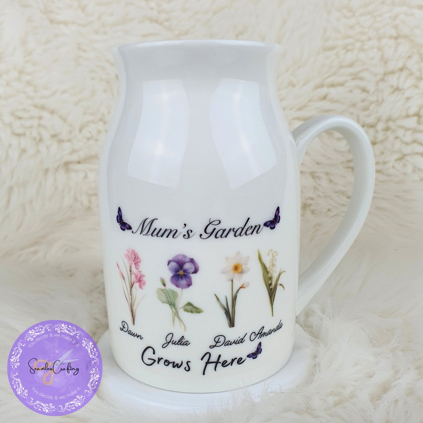 Personalised Mum's Nana's garden grows here, Ceramic Jug, Flower vase, Custom Floral names,